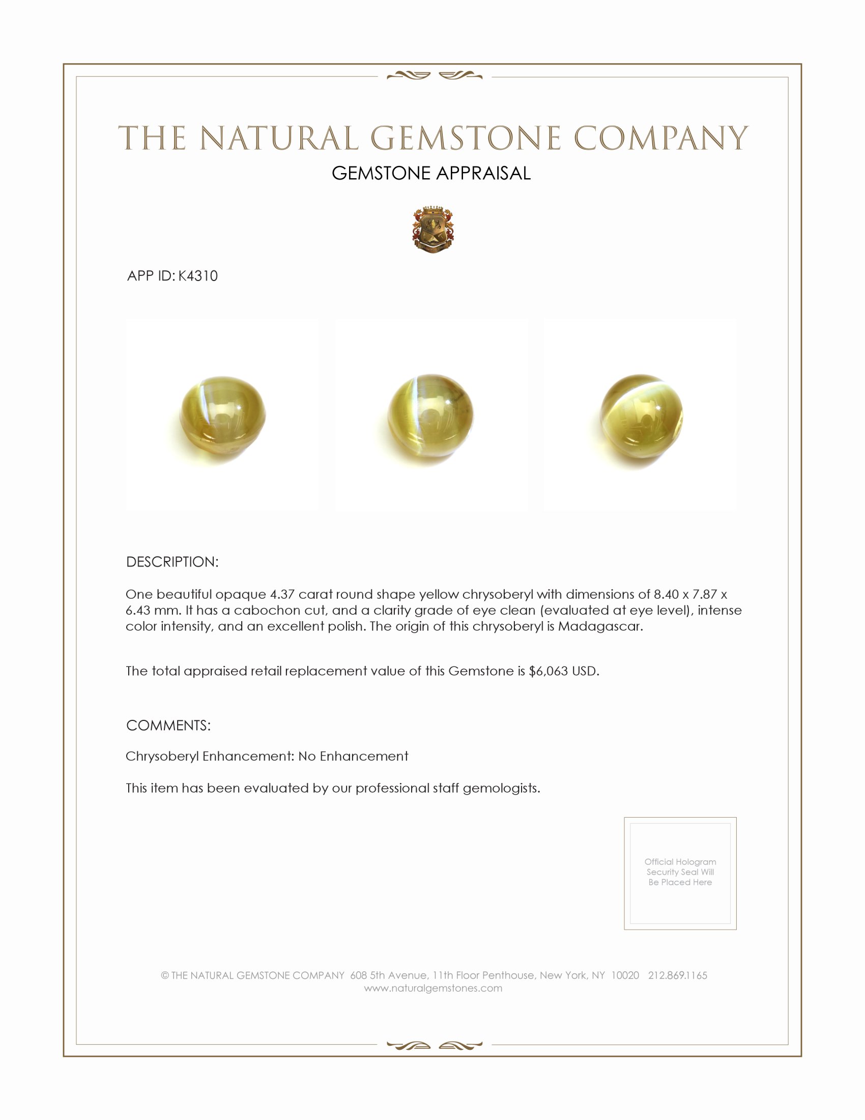 4.37 Ct. Cabochon Chrysoberyl from Madagascar