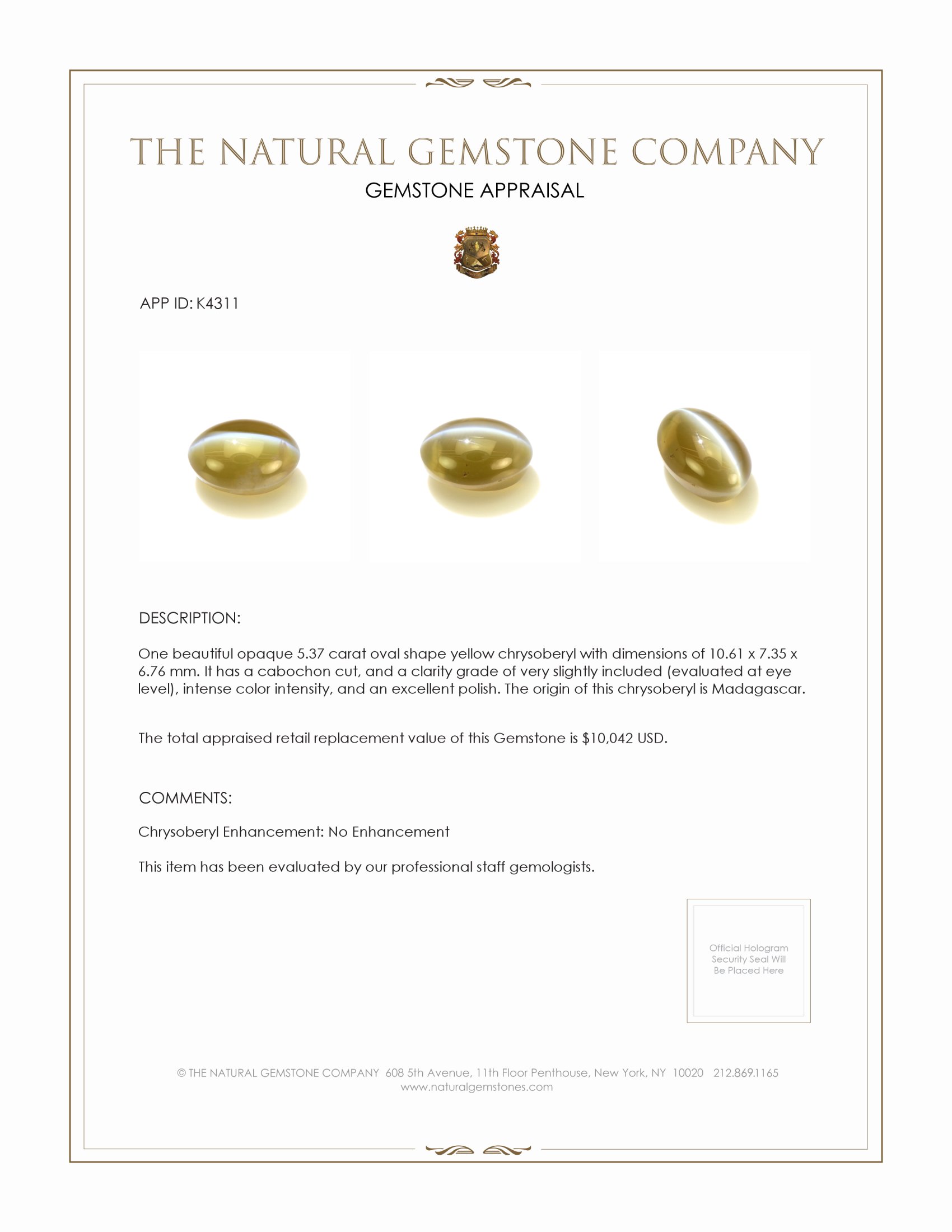 5.37 Ct. Cabochon Chrysoberyl from Madagascar