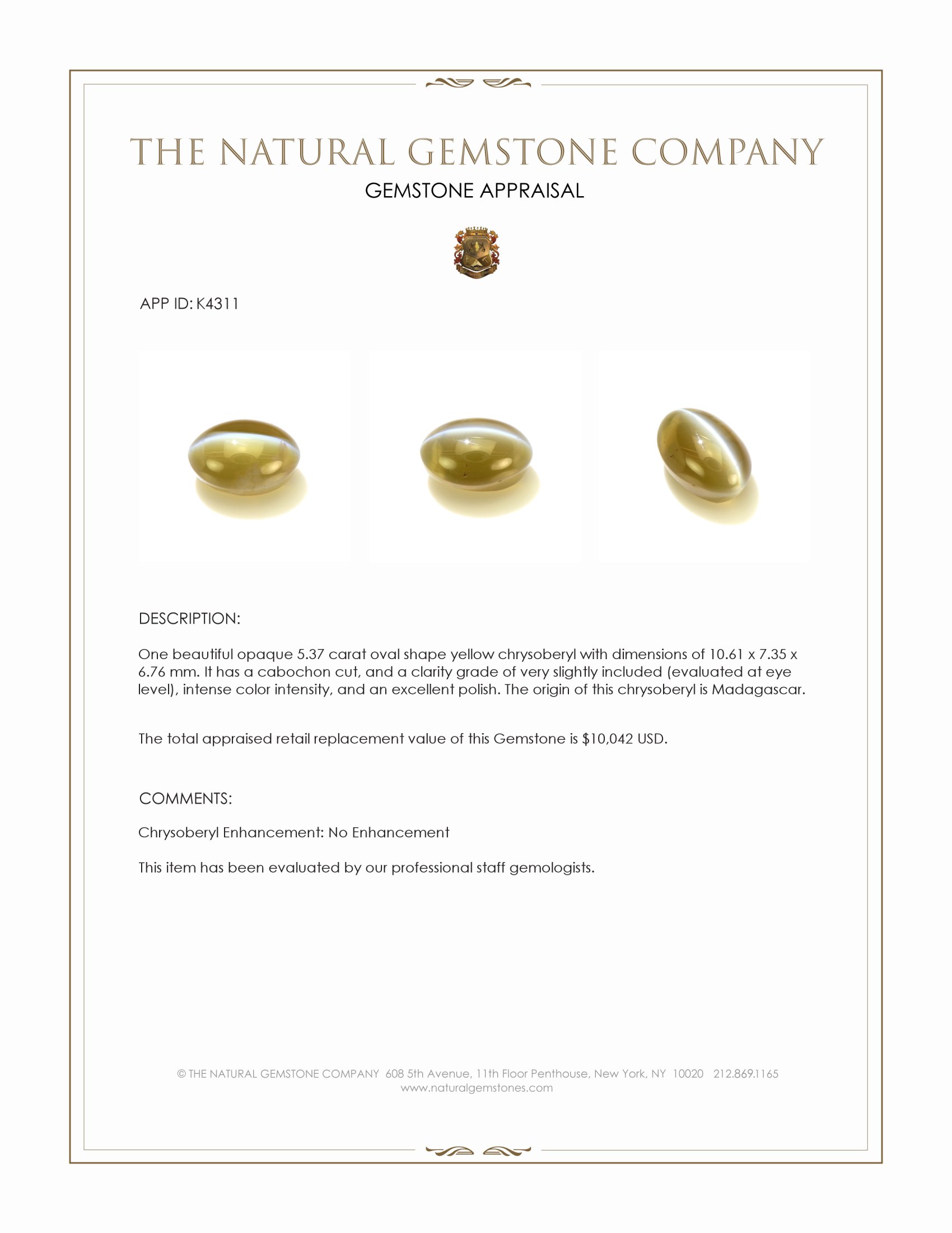 5.37 Ct. Yellow Cabochon Chrysoberyl from Madagascar