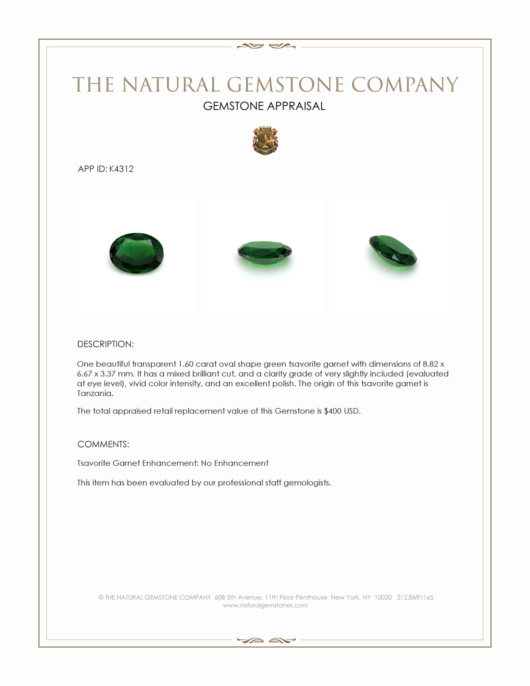 1.60 Ct. Tsavorite Garnet from Tanzania