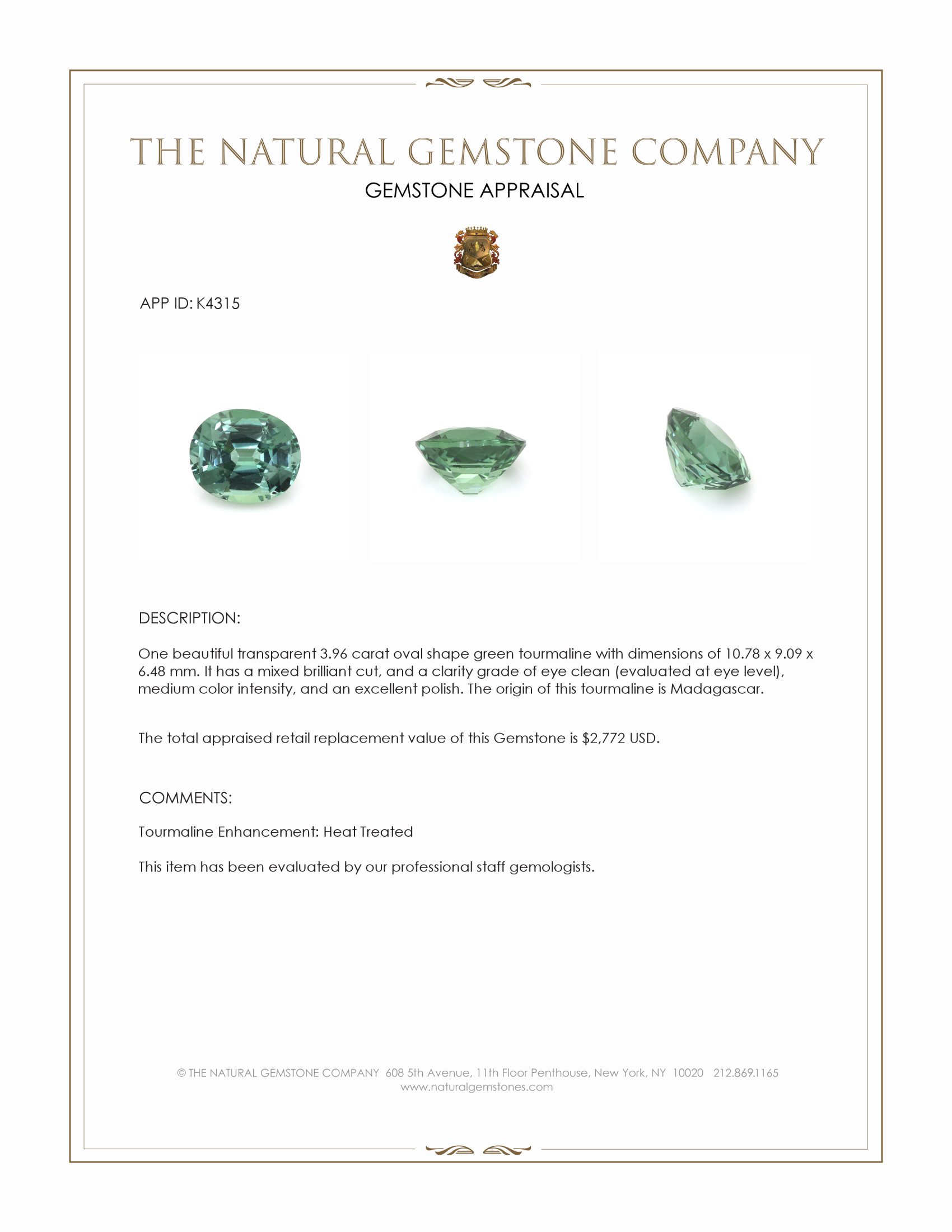 3.96 Ct. Bluish Green Tourmaline from Madagascar