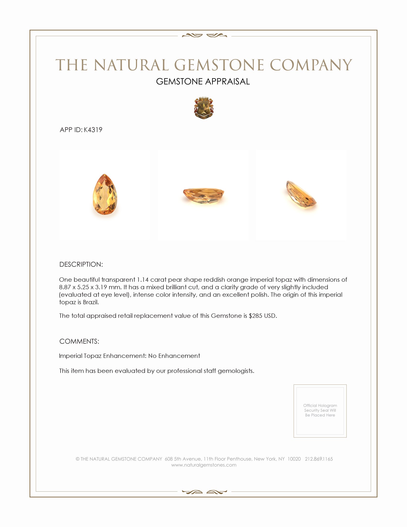 1.14 Ct. Imperial Topaz from Brazil