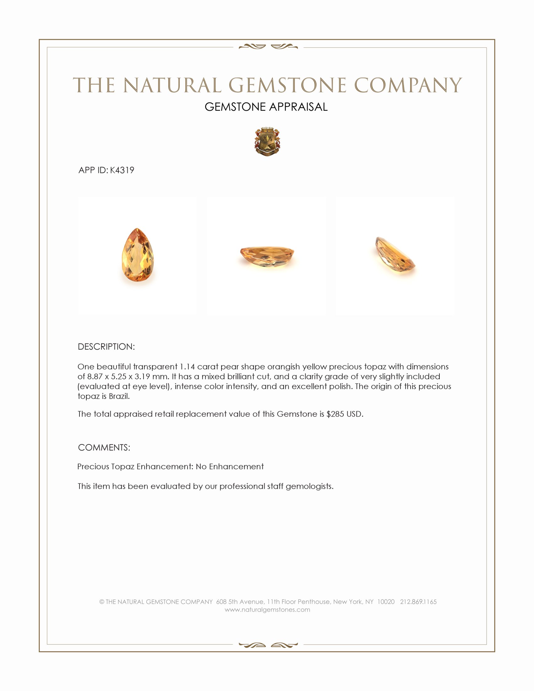 1.14 Ct. Orangish Yellow Precious Topaz from Brazil