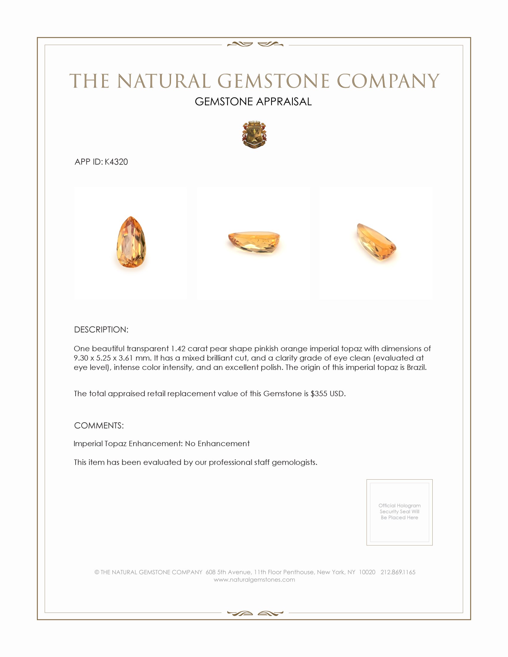 1.42 Ct. Yellowish Orange Precious Topaz from Brazil