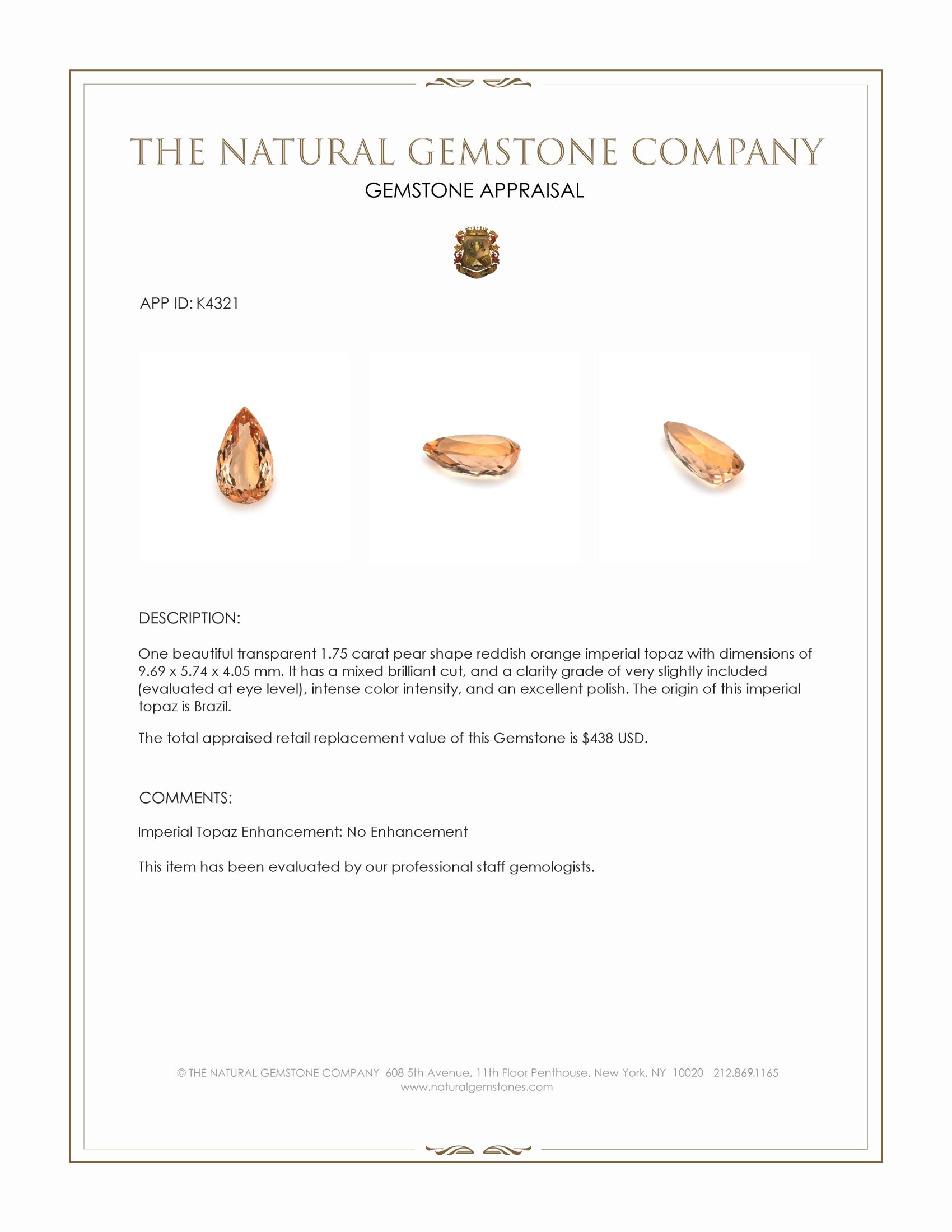 1.75 Ct. Imperial Topaz from Brazil