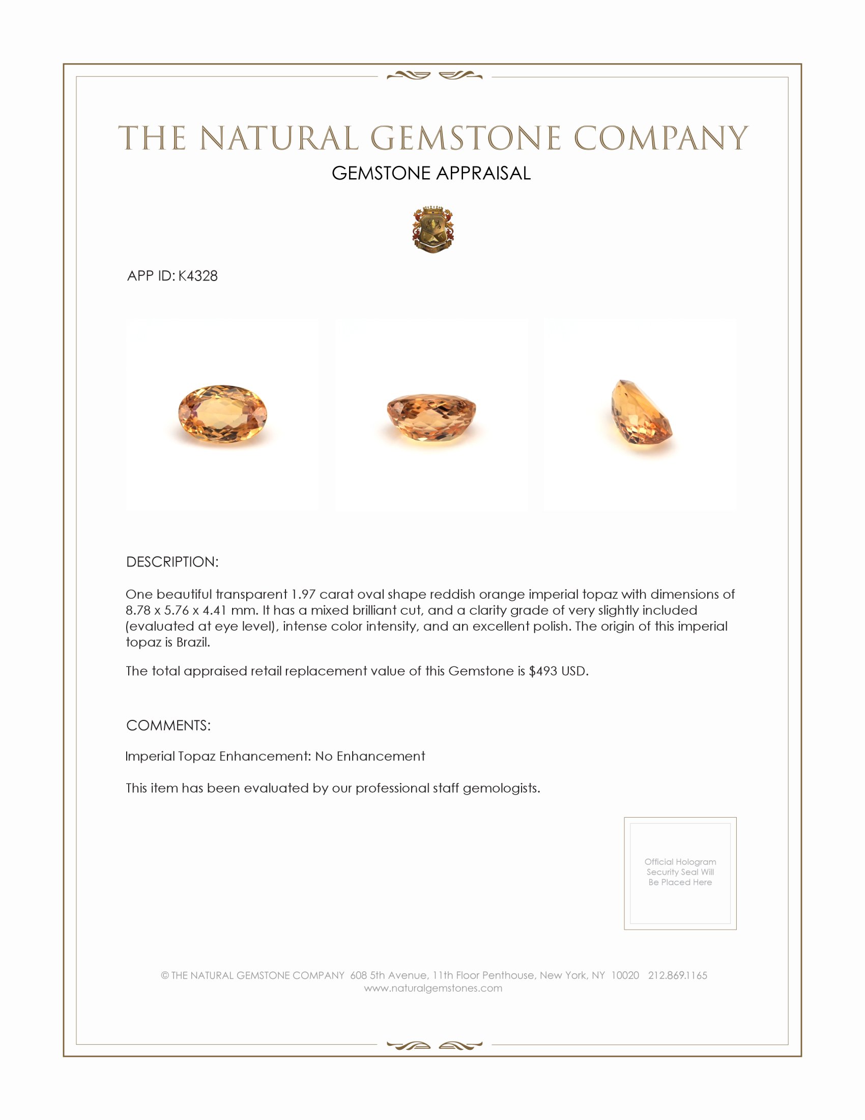 1.97 Ct. Imperial Topaz from Brazil