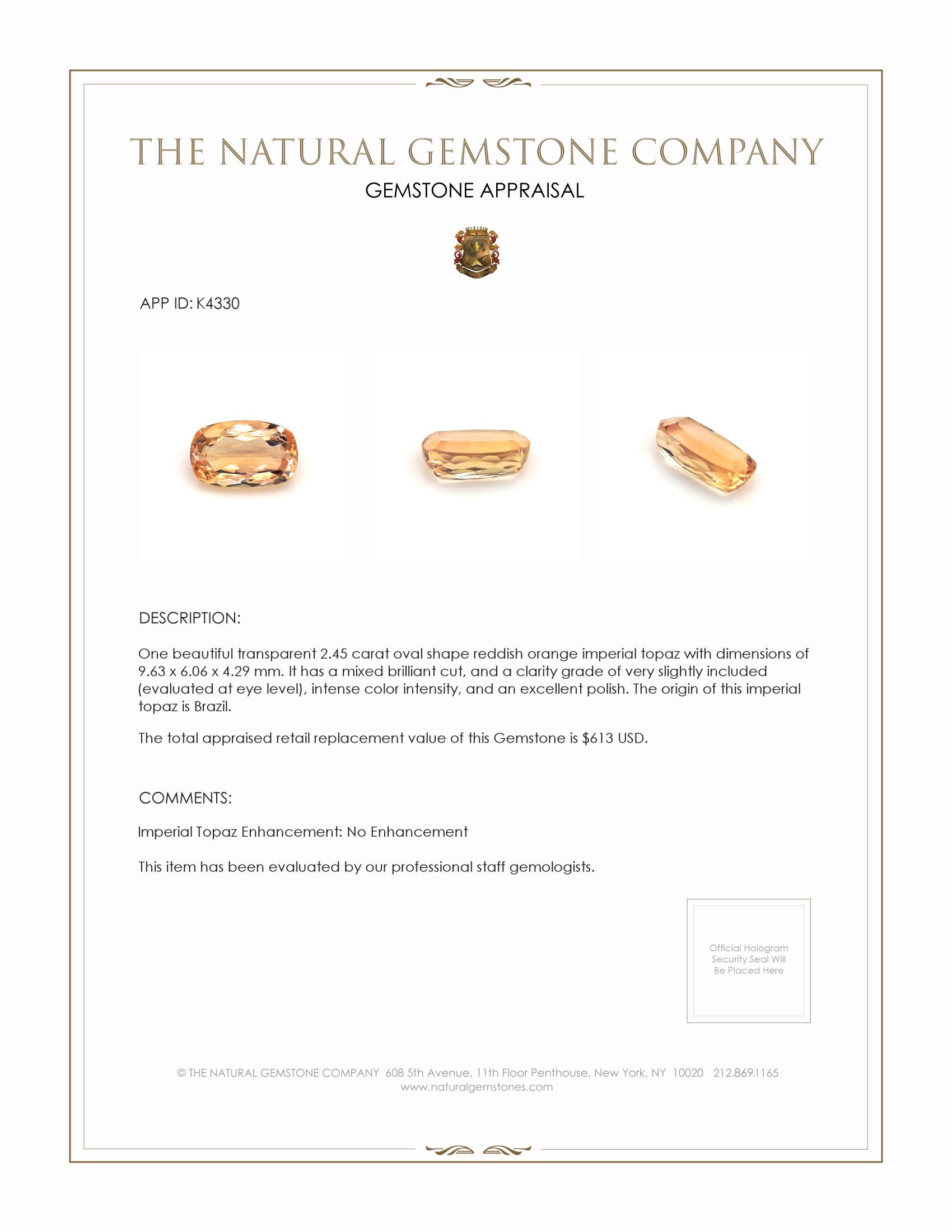 2.45 Ct. Imperial Topaz from Brazil