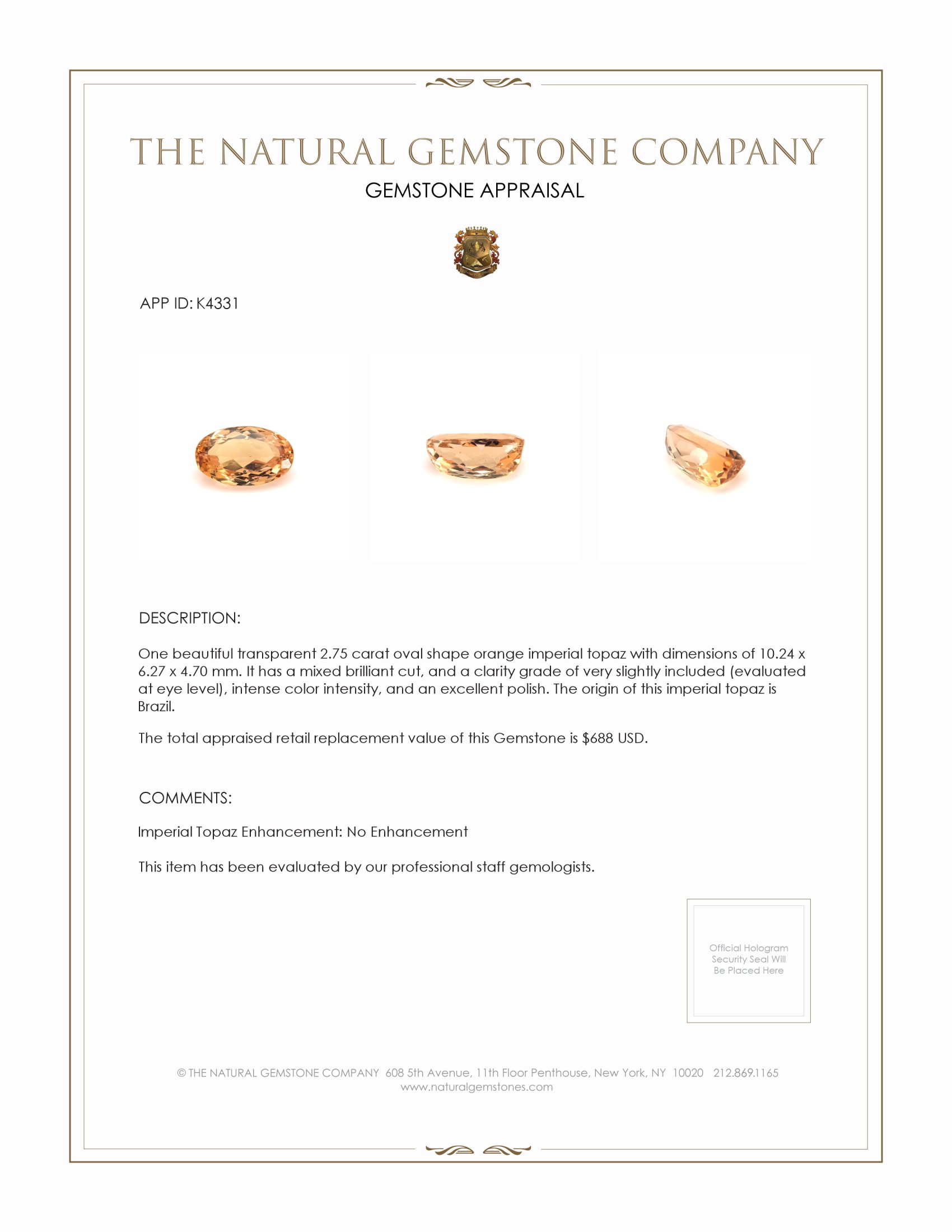 2.75 Ct. Imperial Topaz from Brazil