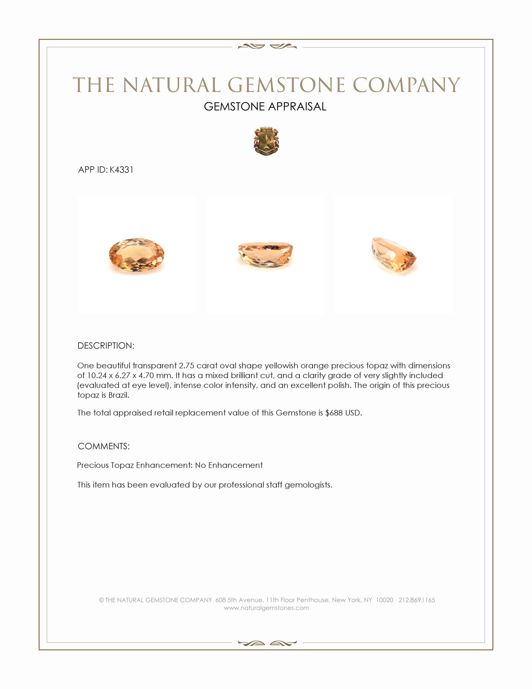 2.75 Ct. Precious Topaz from Brazil