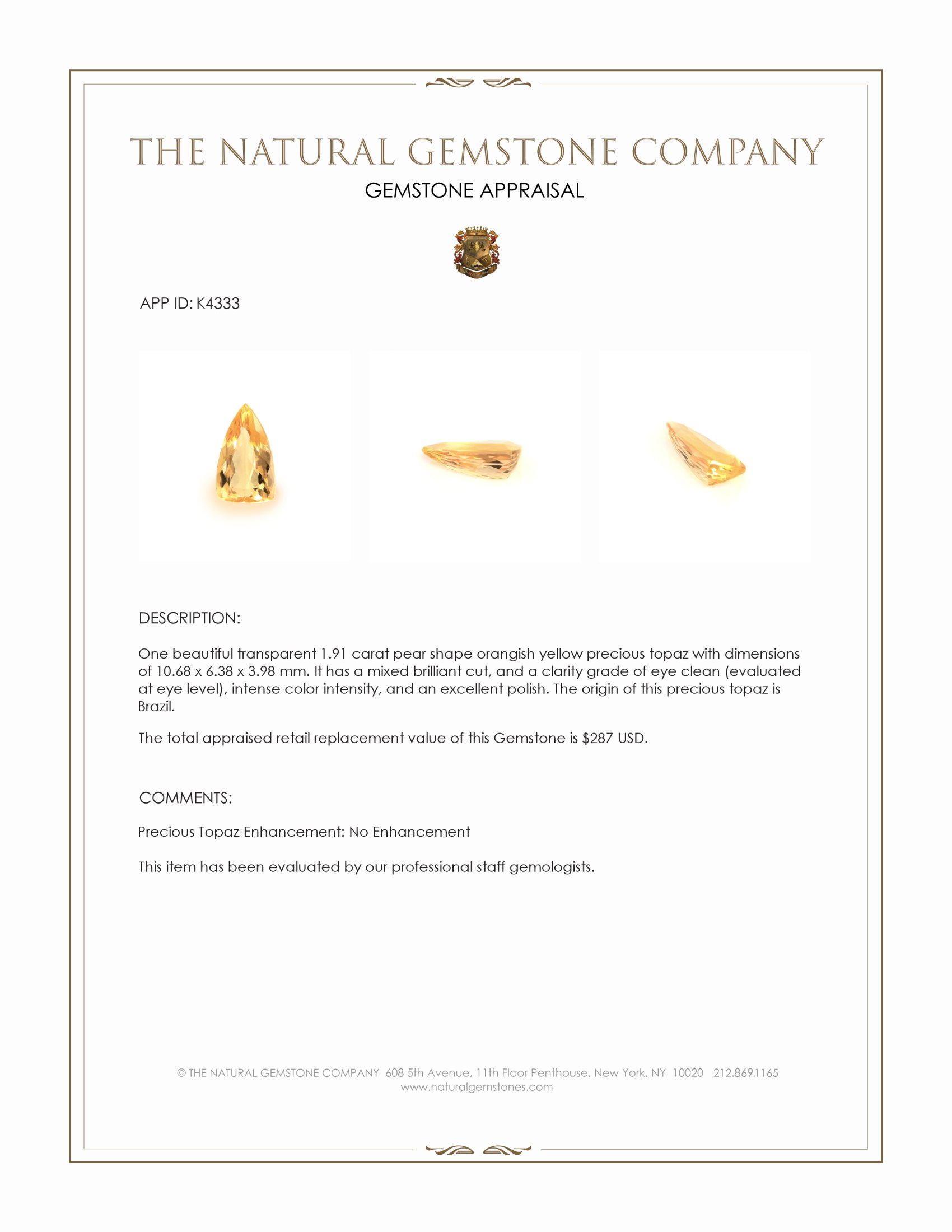 1.91 Ct. Precious Topaz from Brazil