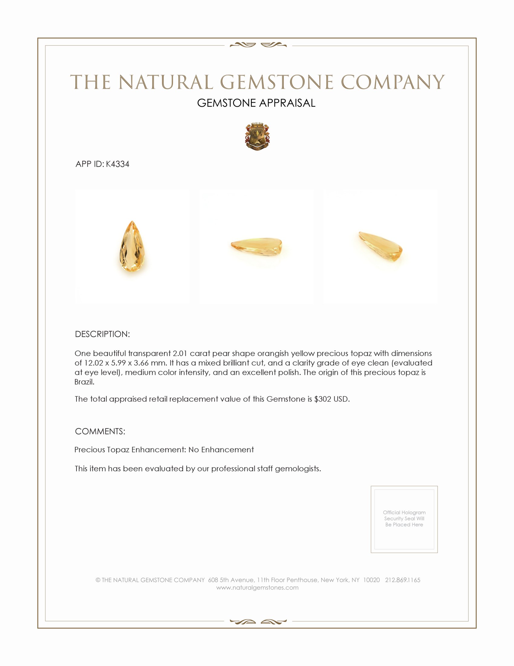 2.01 Ct. Precious Topaz from Brazil