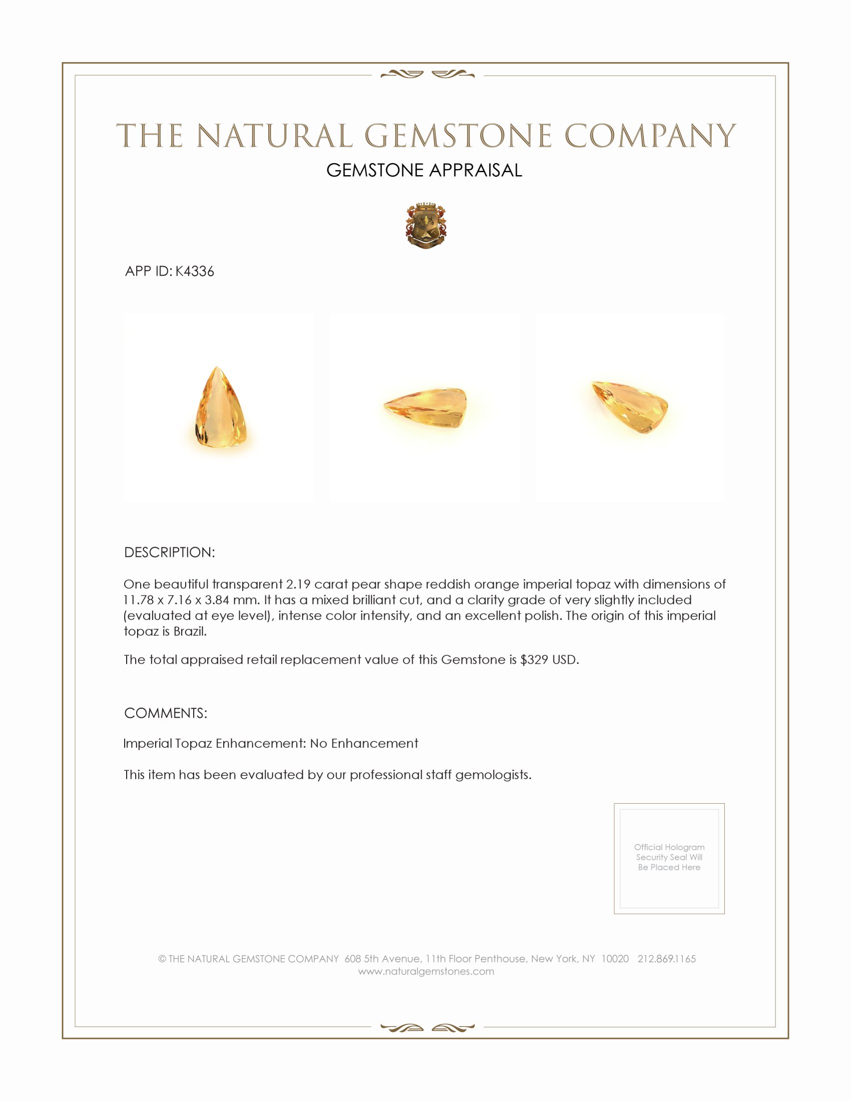 2.19 Ct. Imperial Topaz from Brazil