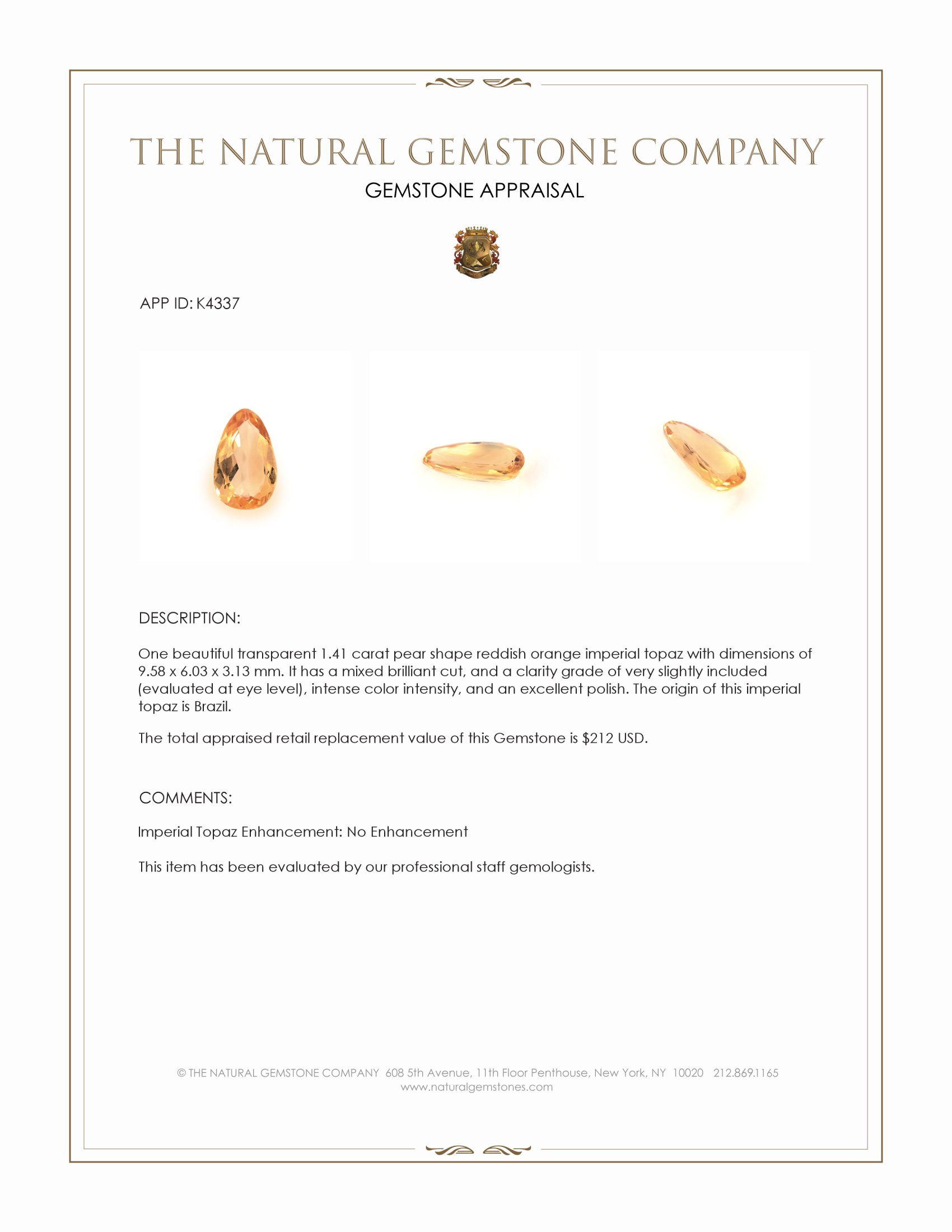 1.41 Ct. Imperial Topaz from Brazil