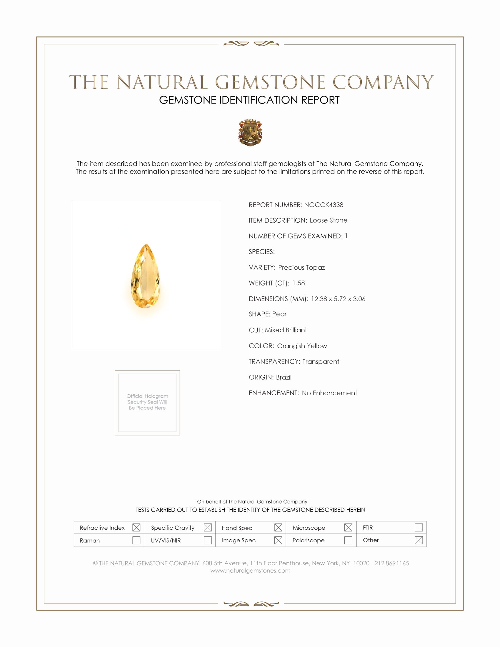 1.58 Ct. Orangish Yellow Precious Topaz from Brazil