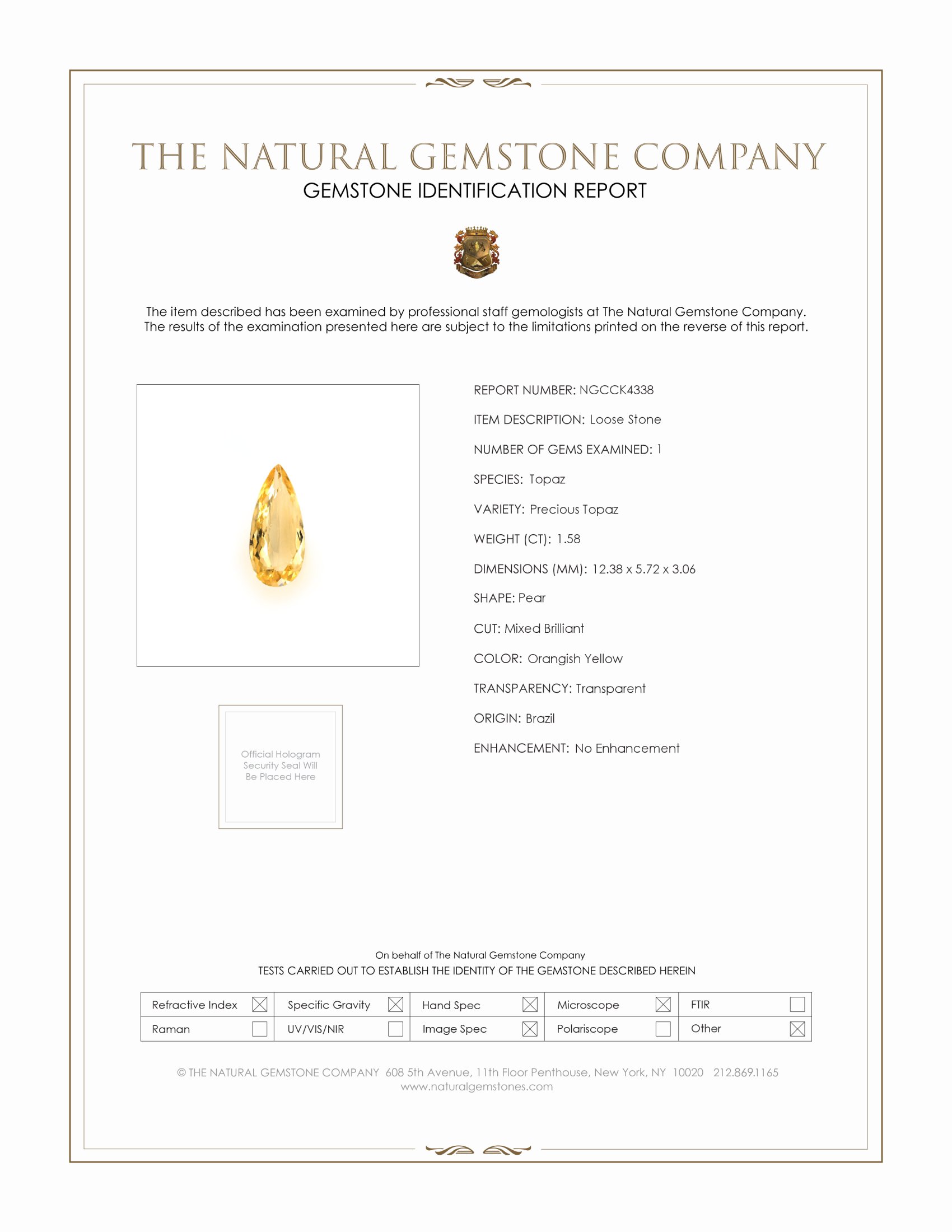 1.58 Ct. Orangish Yellow Precious Topaz from Brazil