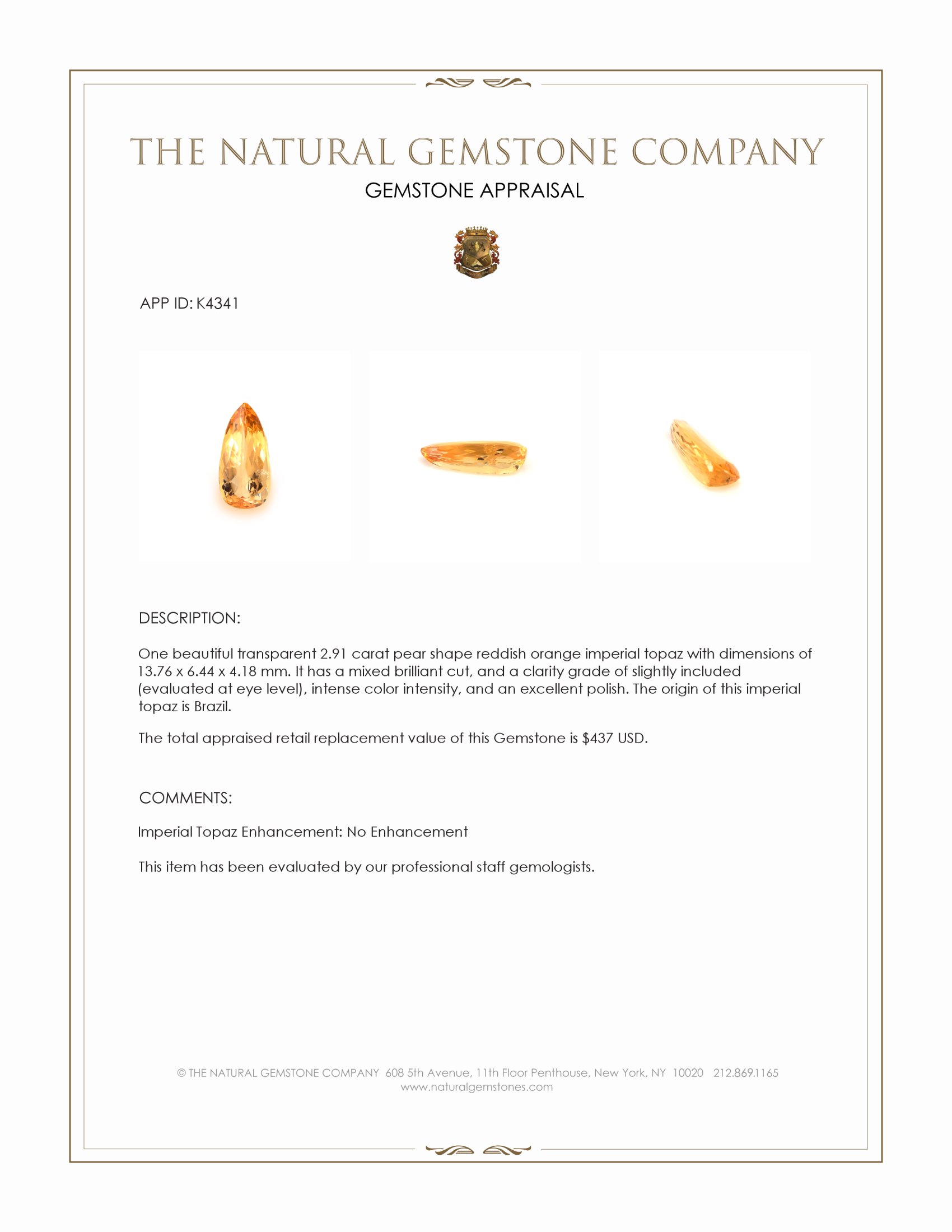 2.75 Ct. Reddish Orange Imperial Topaz from Brazil