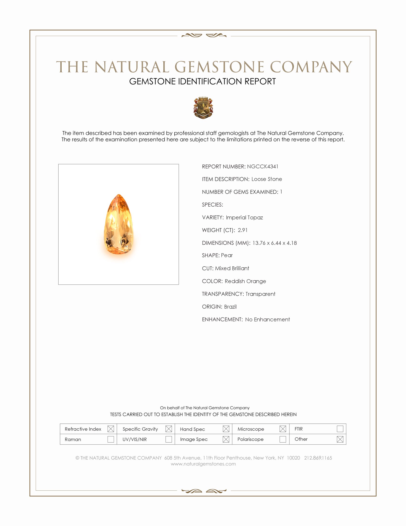 2.75 Ct. Reddish Orange Imperial Topaz from Brazil