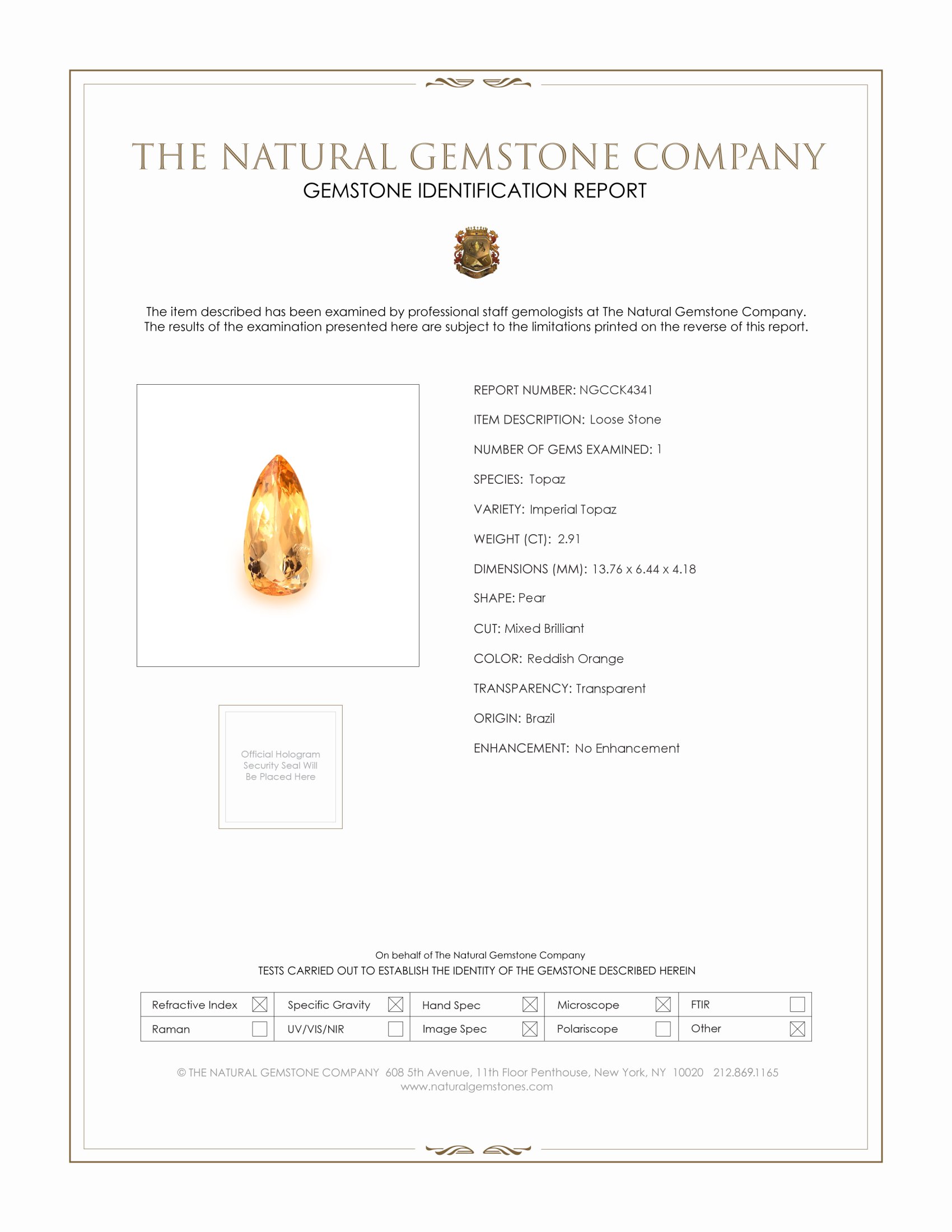 2.91 Ct. Reddish Orange Imperial Topaz from Brazil