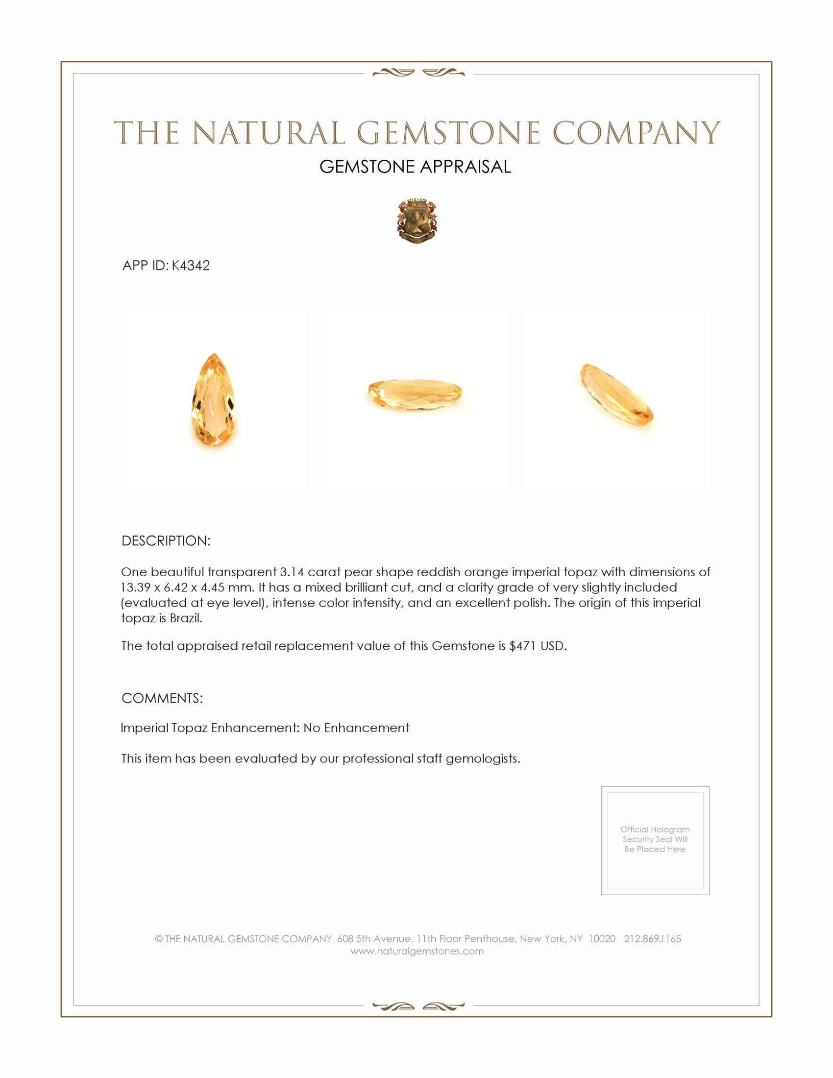 3.14 Ct. Imperial Topaz from Brazil