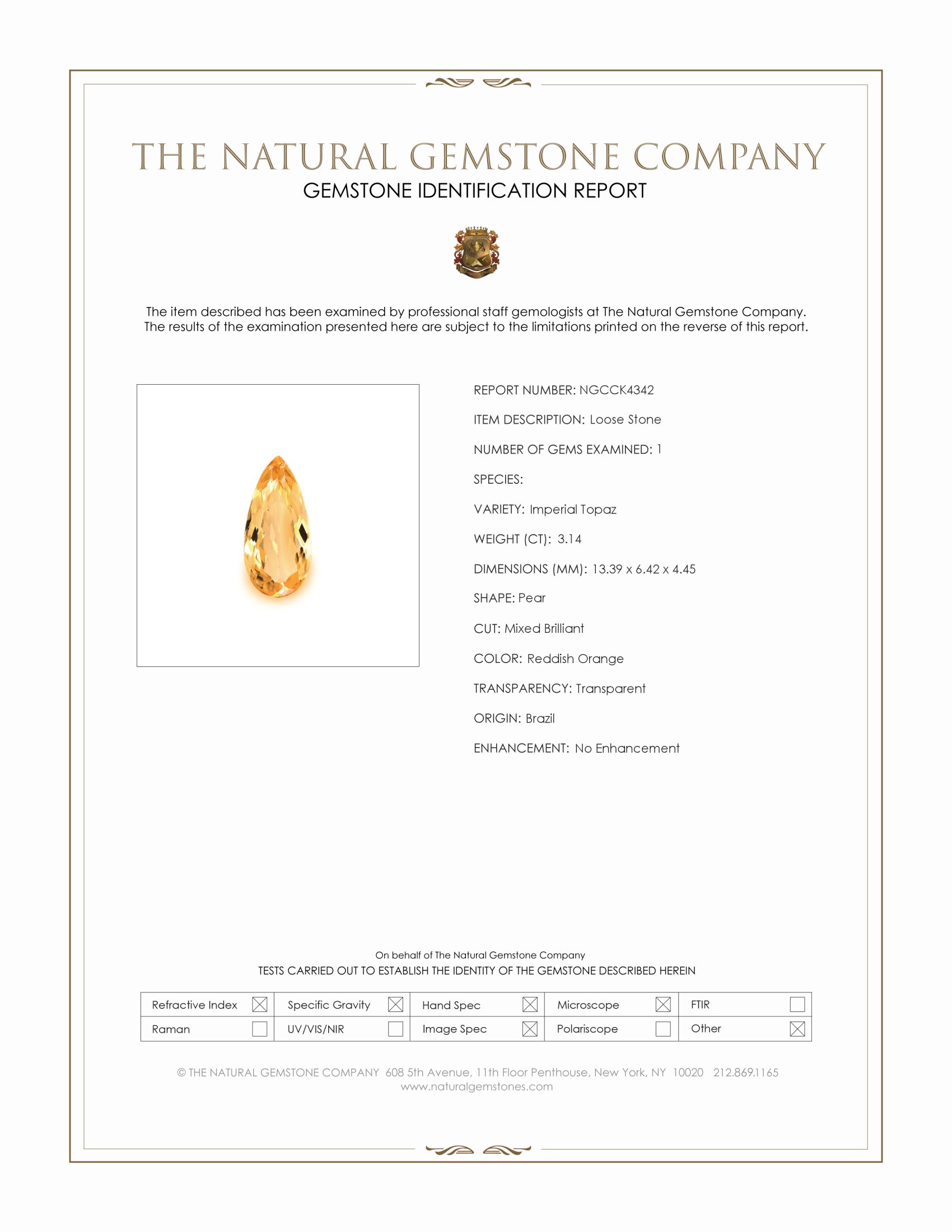 3.14 Ct. Imperial Topaz from Brazil