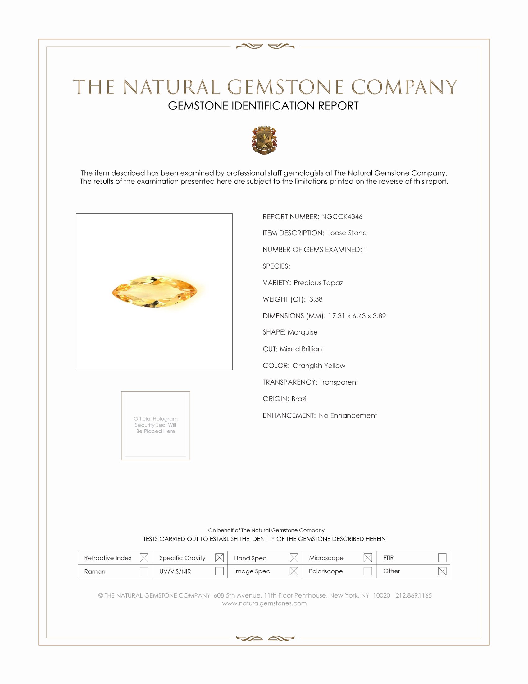 3.38 Ct. Orangish Yellow Precious Topaz from Brazil