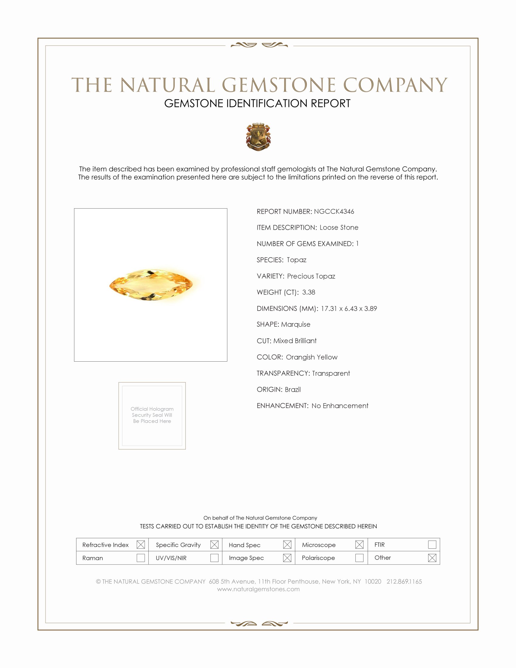 3.38 Ct. Precious Topaz from Brazil