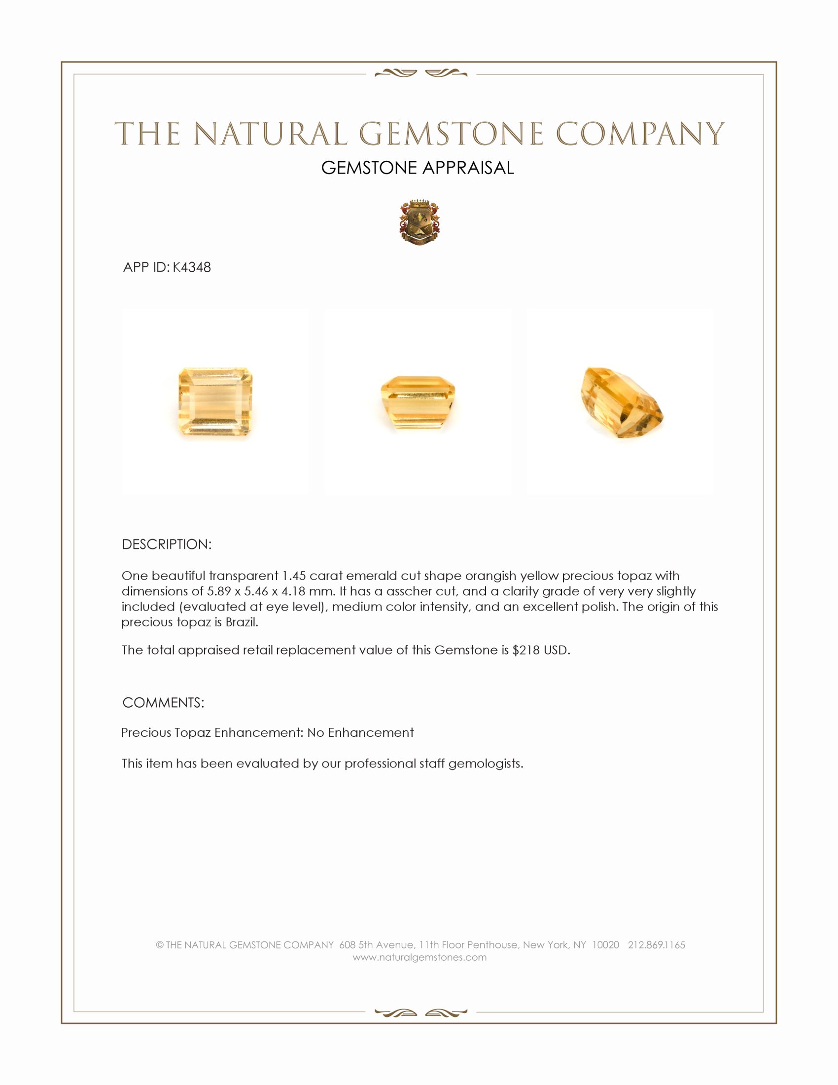 1.45 Ct. Orangish Yellow Precious Topaz from Brazil