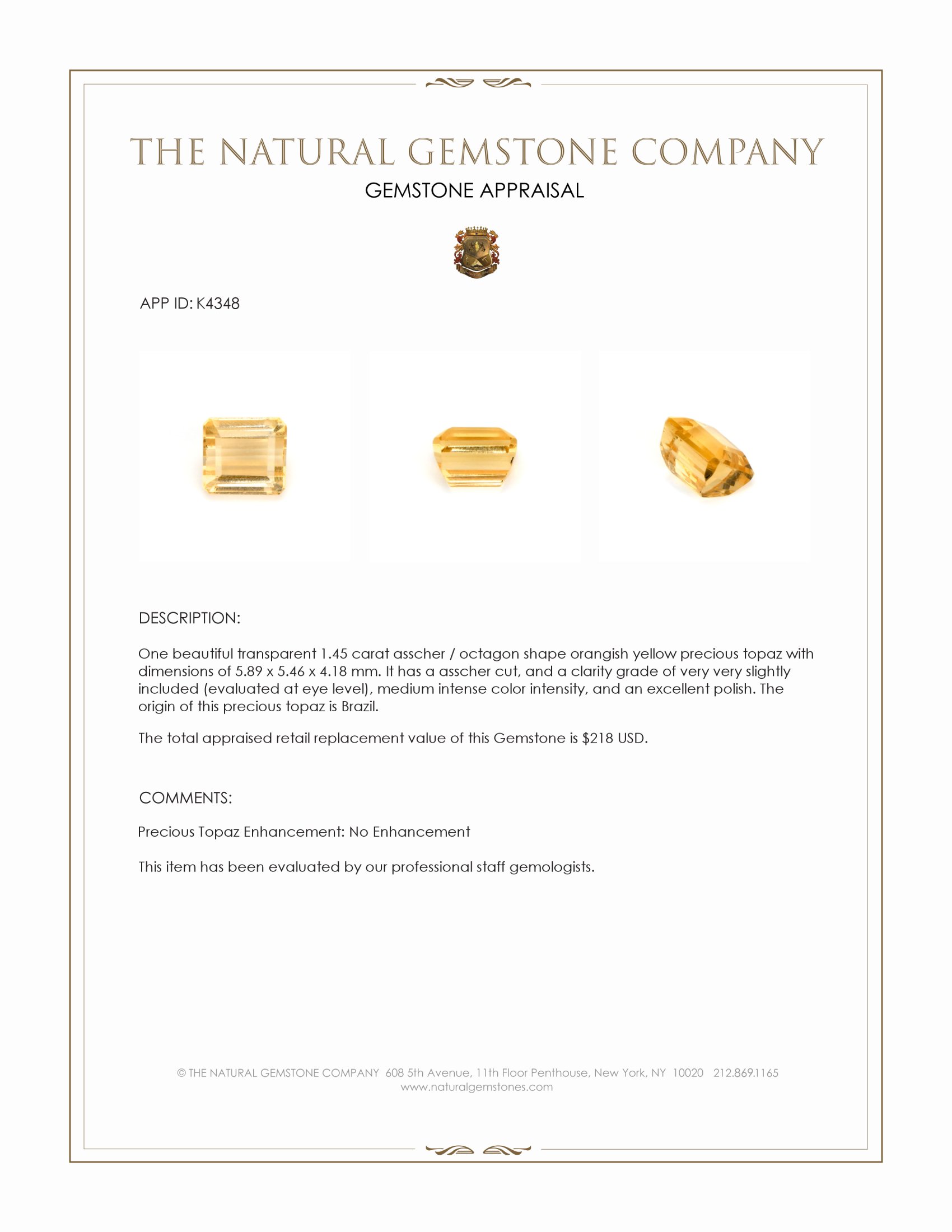 1.45 Ct. Precious Topaz from Brazil