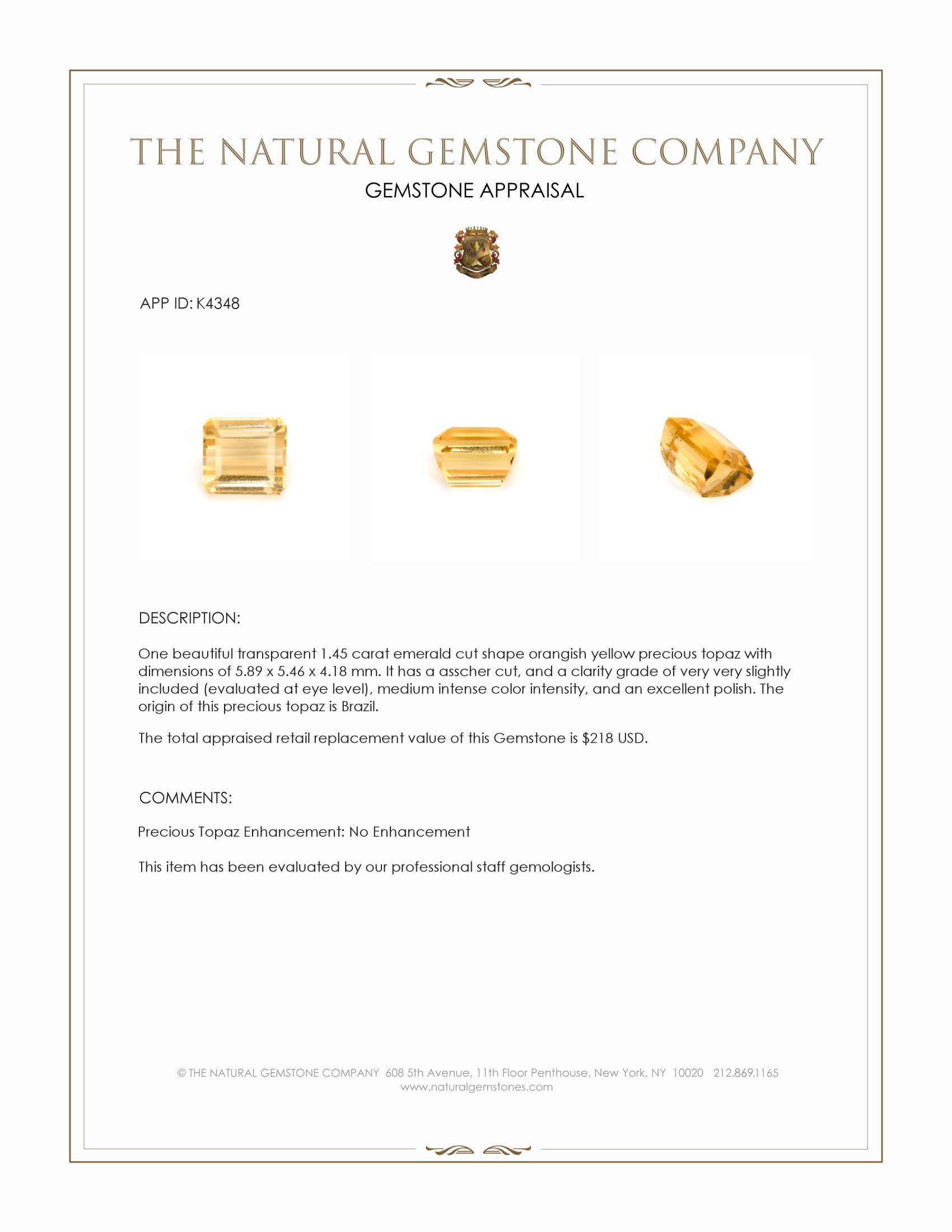 1.45 Ct. Precious Topaz from Brazil