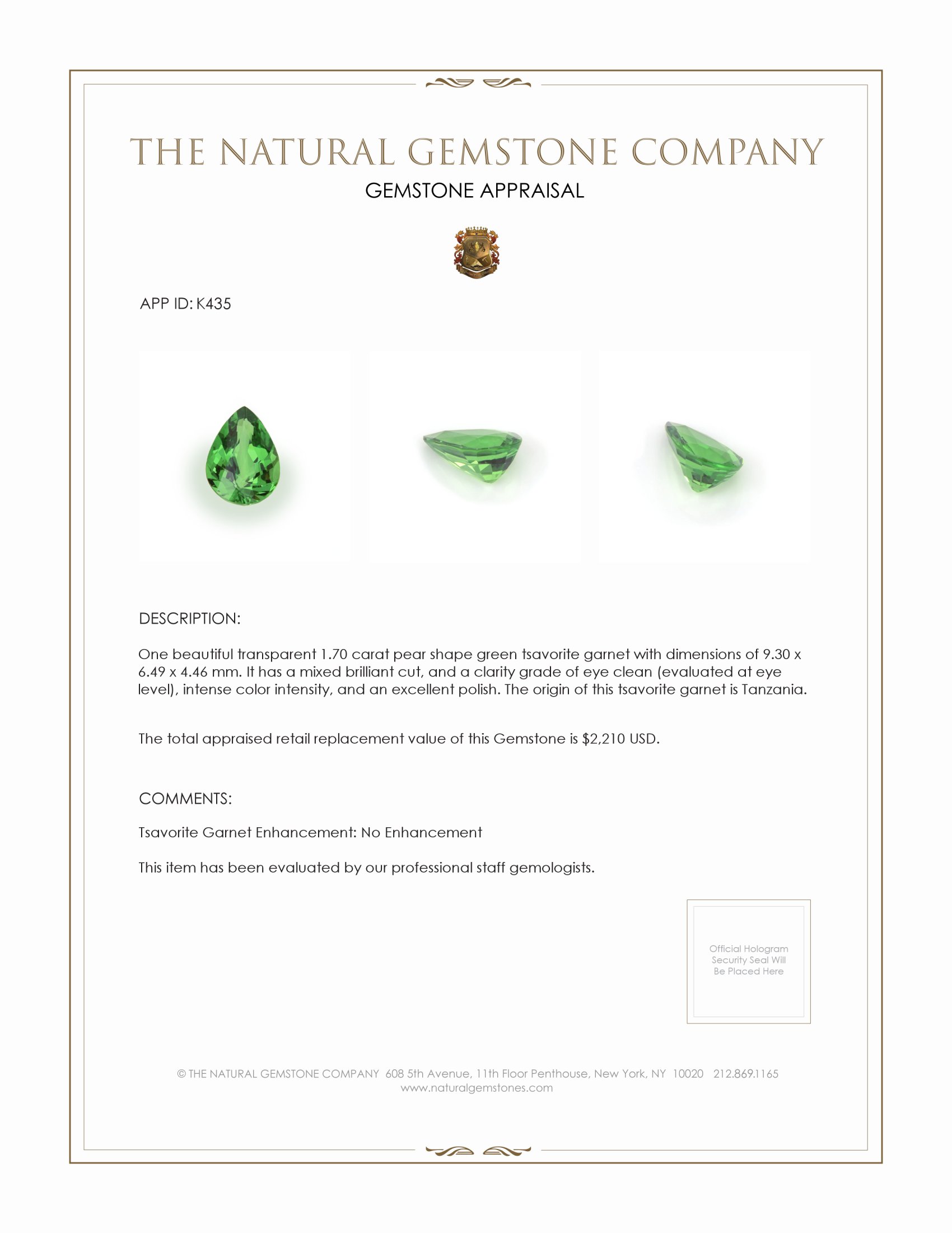 1.70 Ct. Tsavorite Garnet from Tanzania