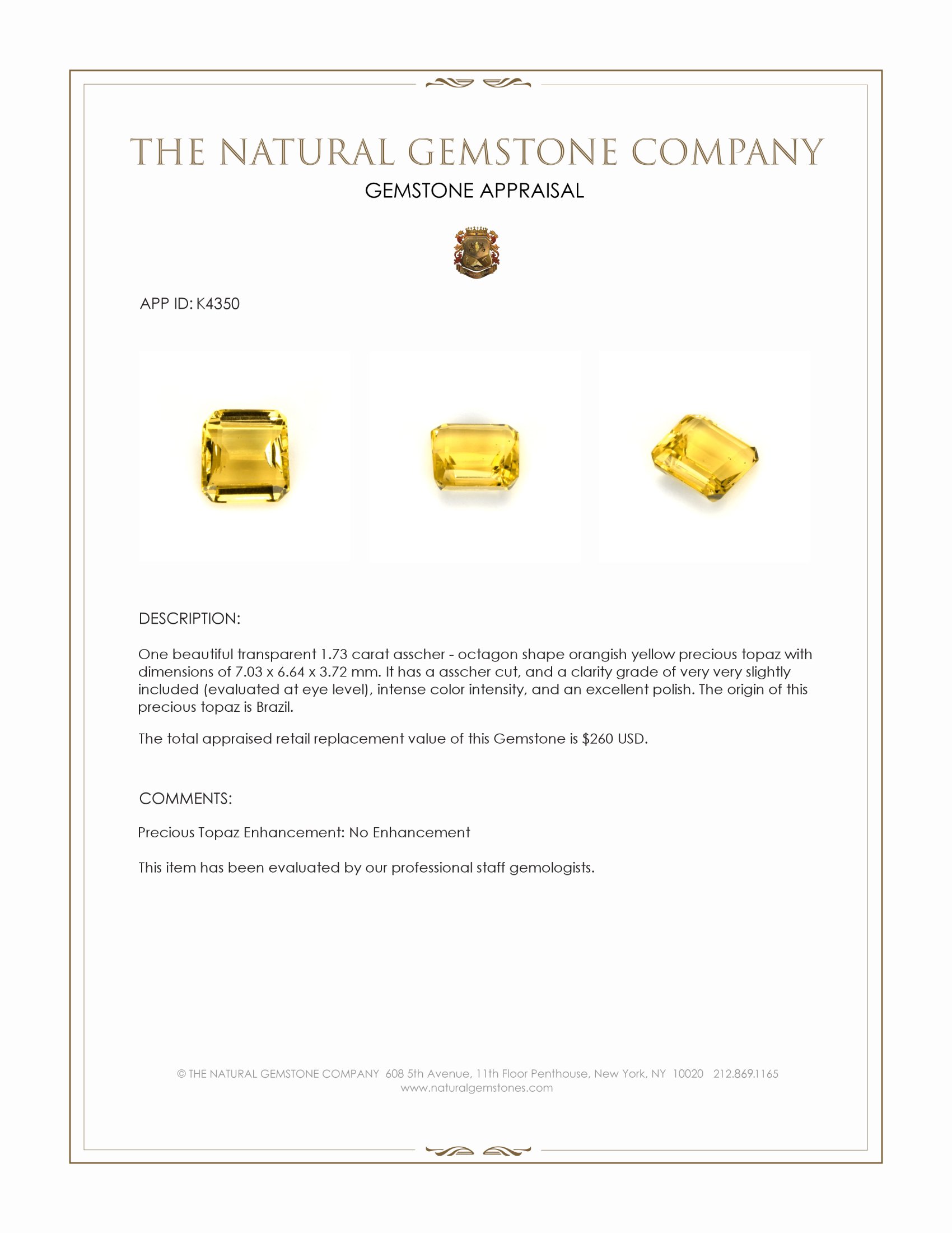 1.73 Ct. Orangish Yellow Precious Topaz from Brazil