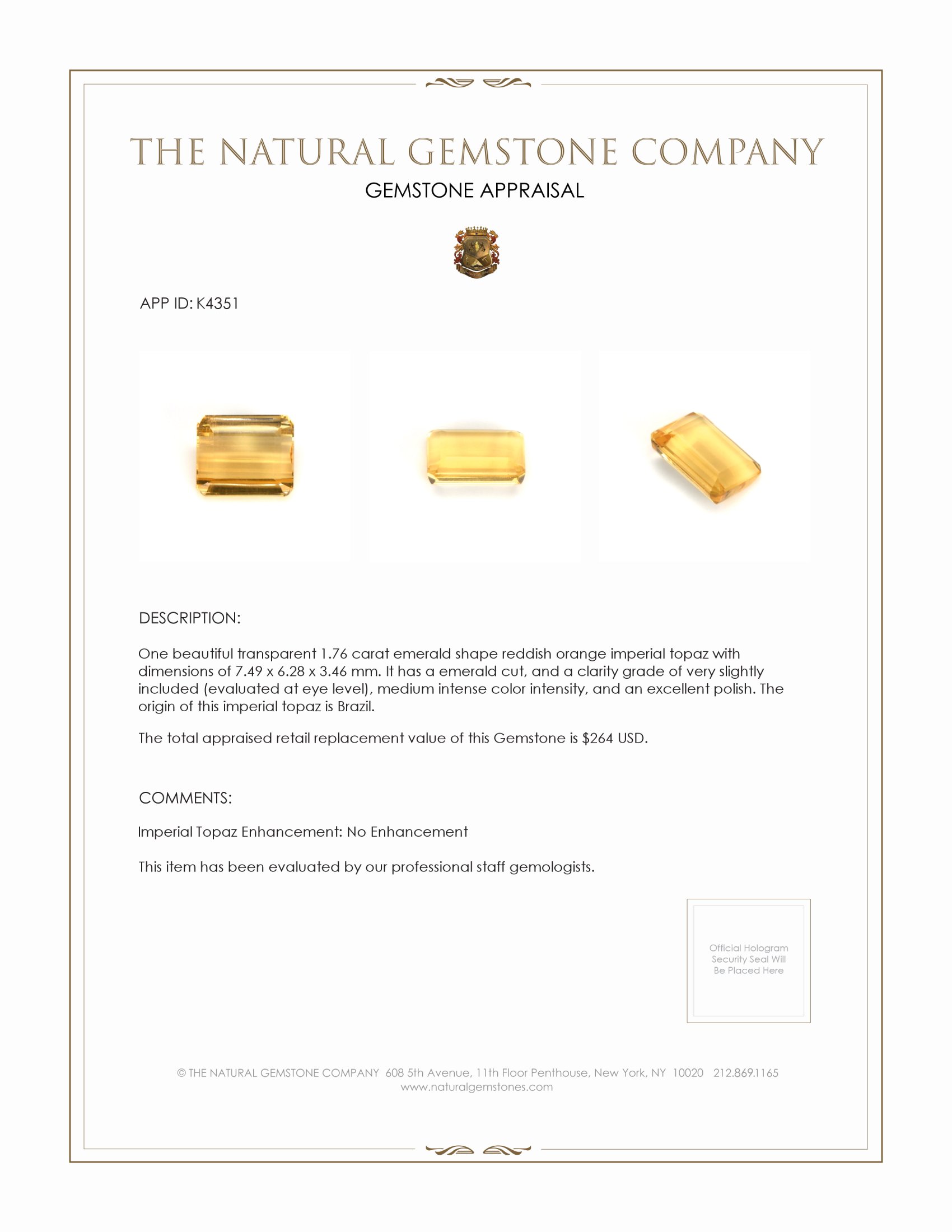 1.76 Ct. Imperial Topaz from Brazil