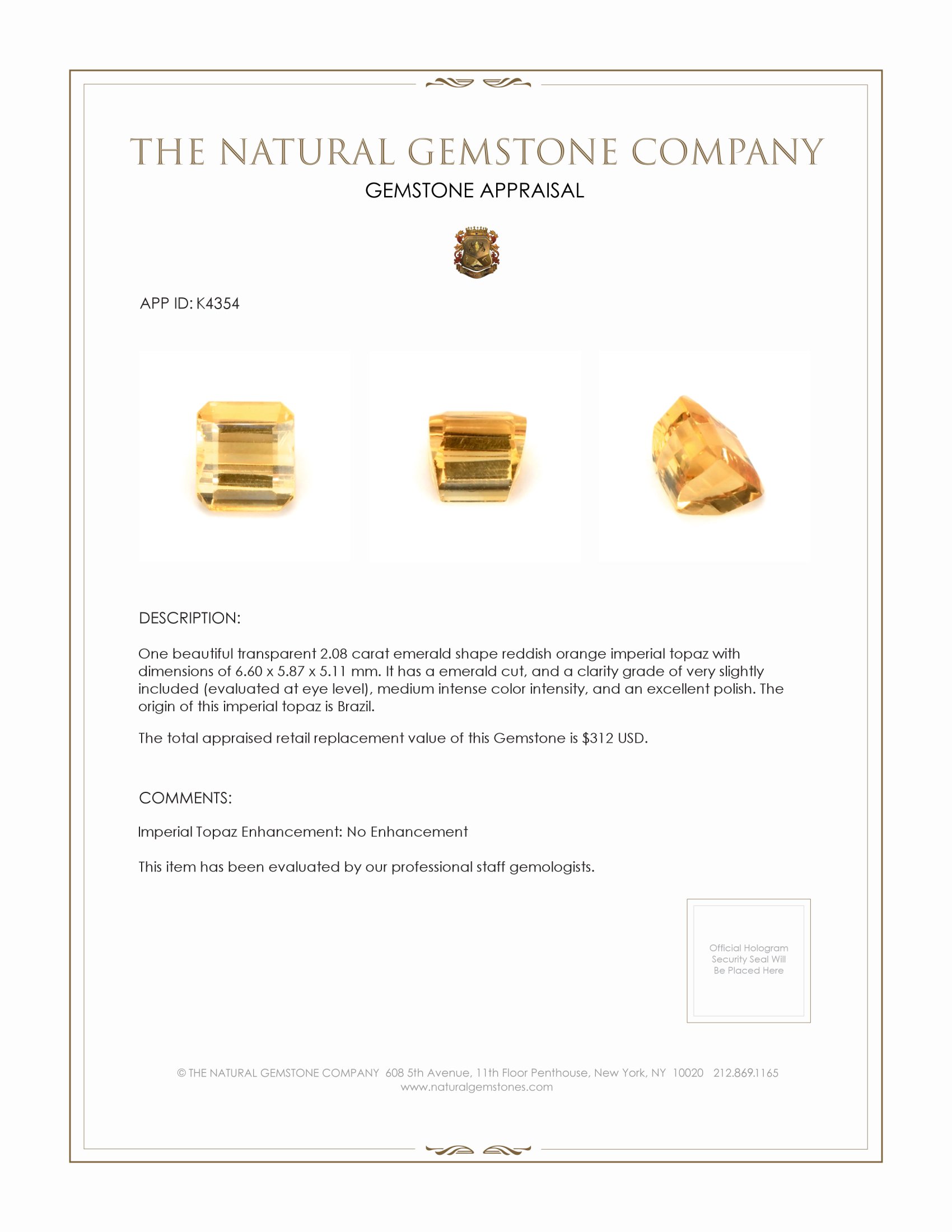 2.08 Ct. Imperial Topaz from Brazil