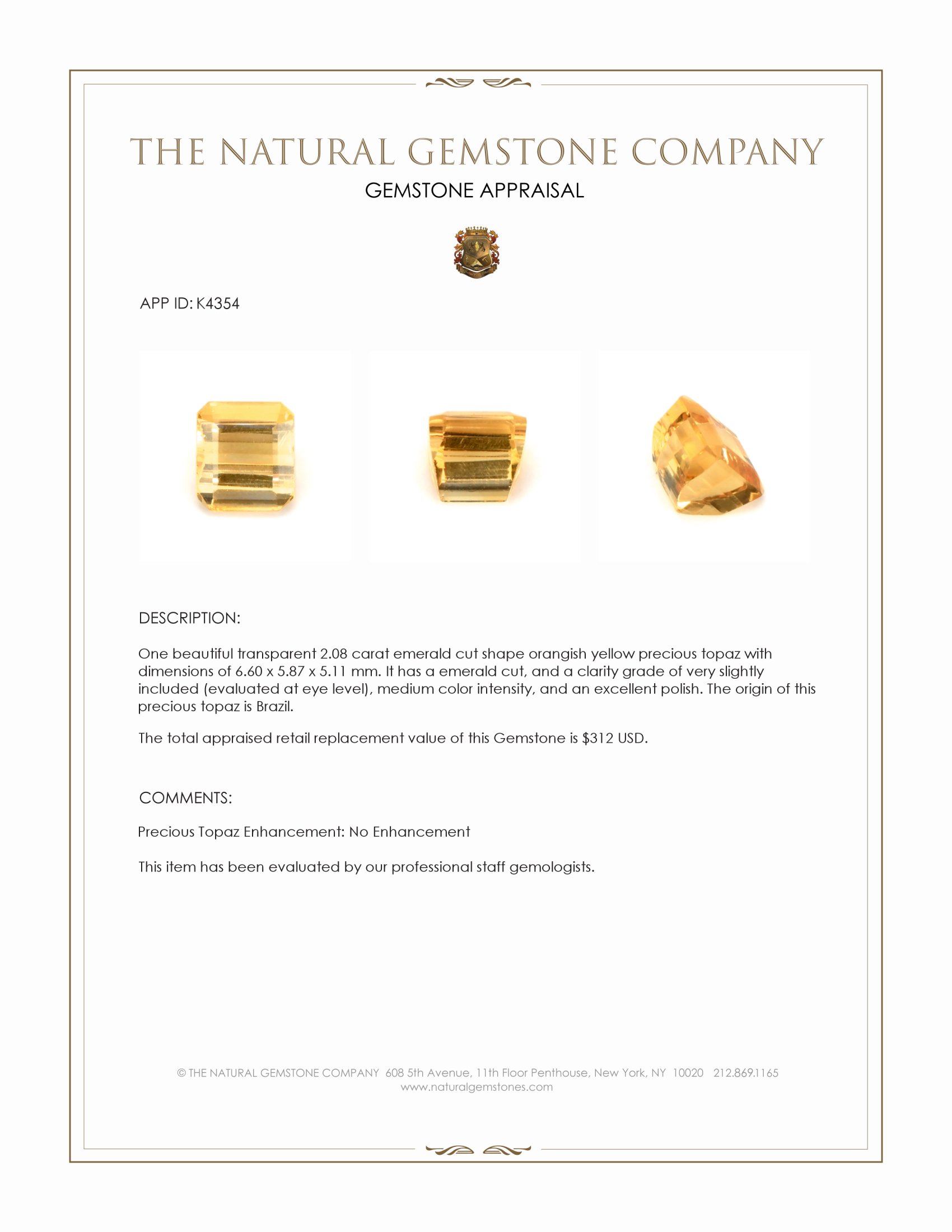 2.08 Ct. Orangish Yellow Precious Topaz from Brazil