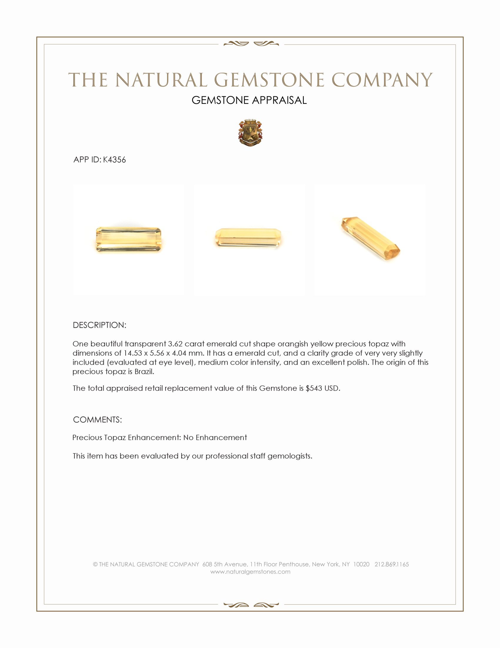 3.62 Ct. Orangish Yellow Precious Topaz from Brazil