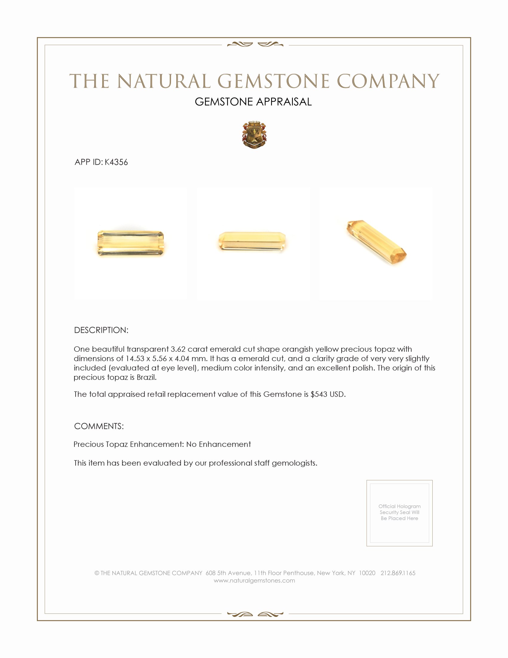 3.62 Ct. Precious Topaz from Brazil