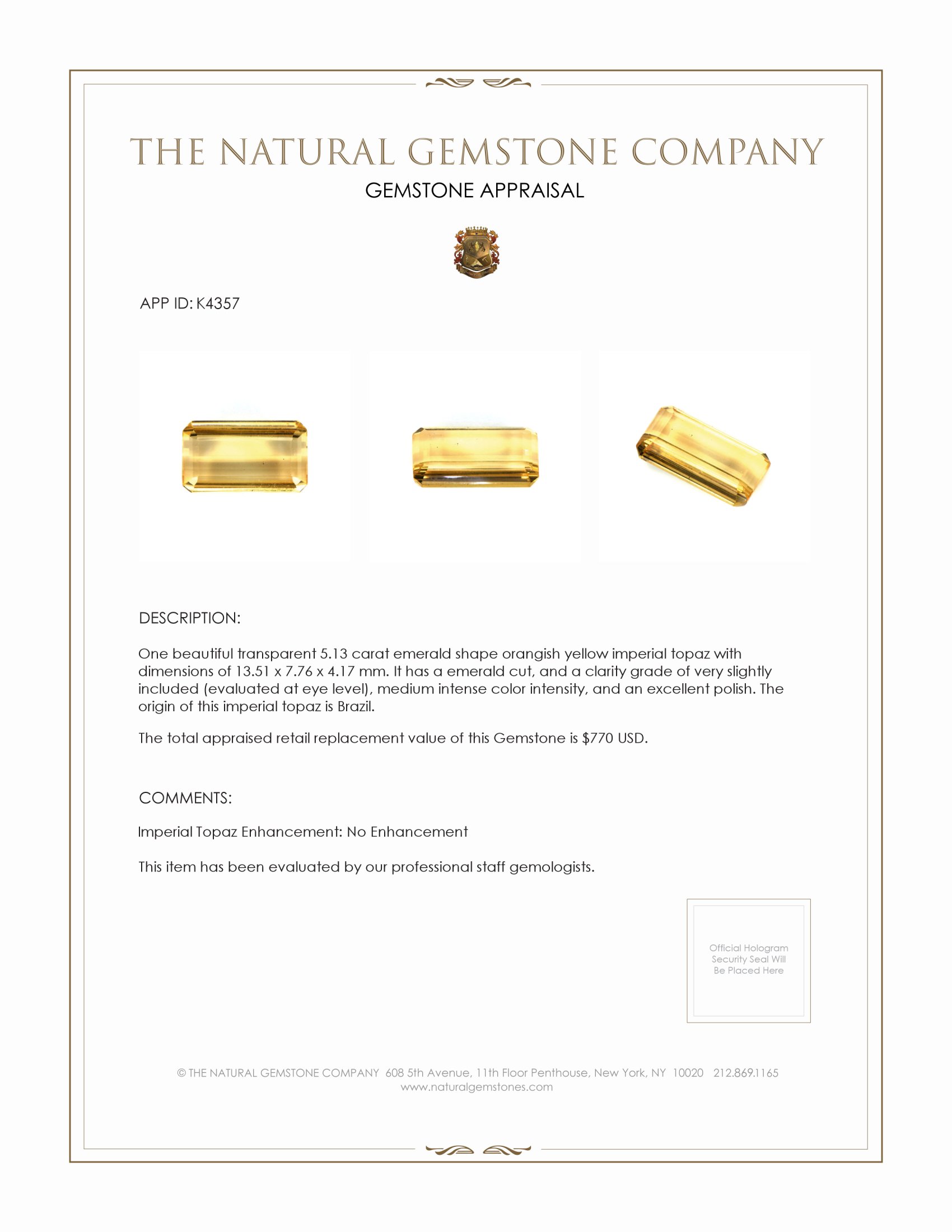 5.13 Ct. Golden Yellow Precious Topaz from Brazil