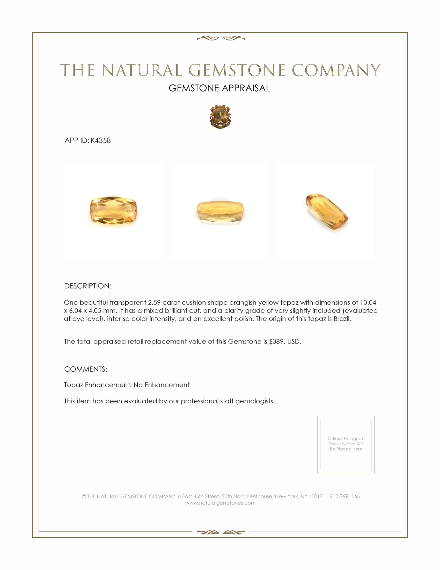 2.59 Ct. Imperial Topaz from Brazil