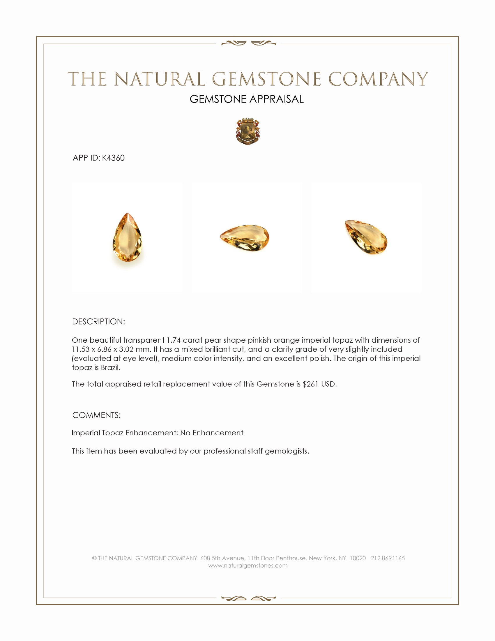 1.74 Ct. Imperial Topaz from Brazil