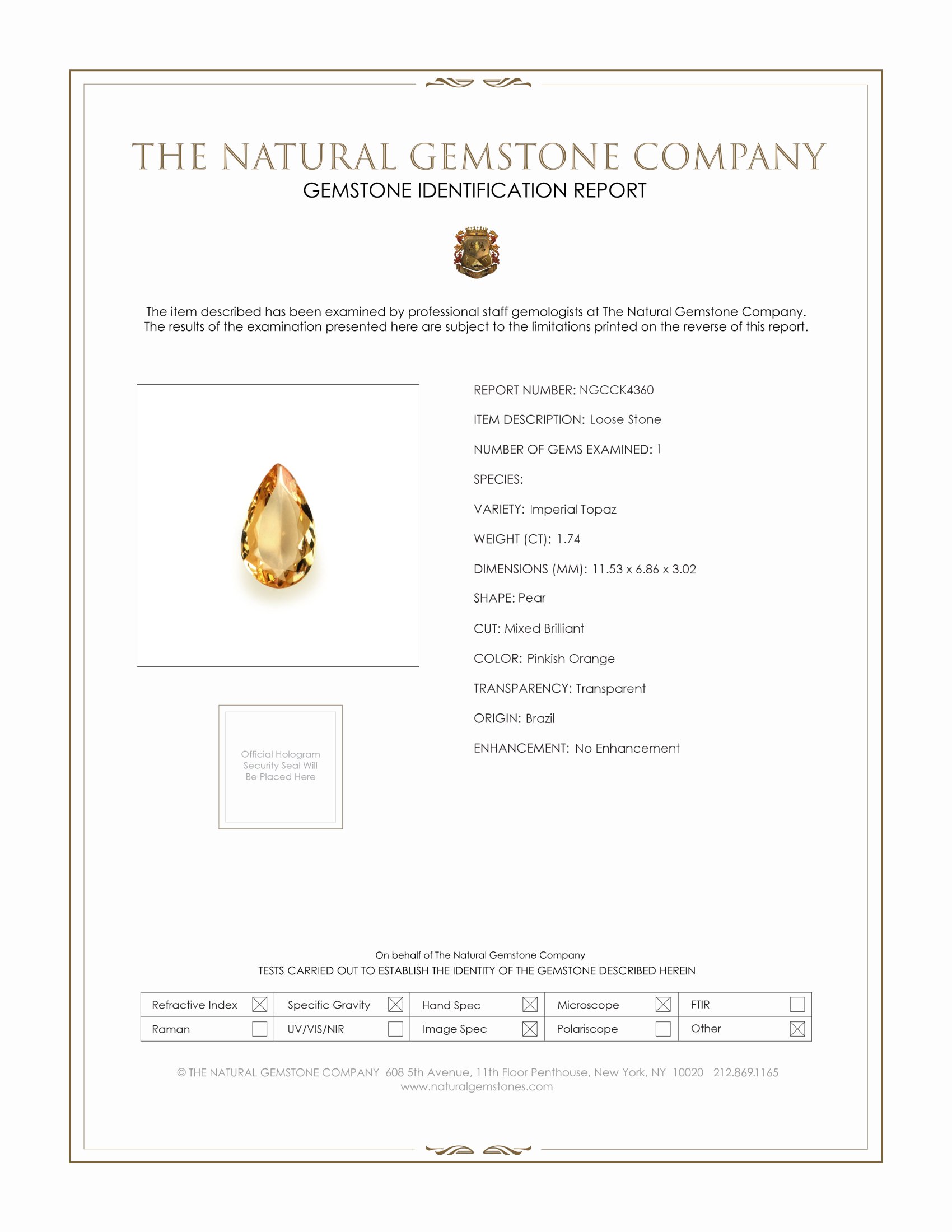 1.74 Ct. Brownish Orange Precious Topaz from Brazil