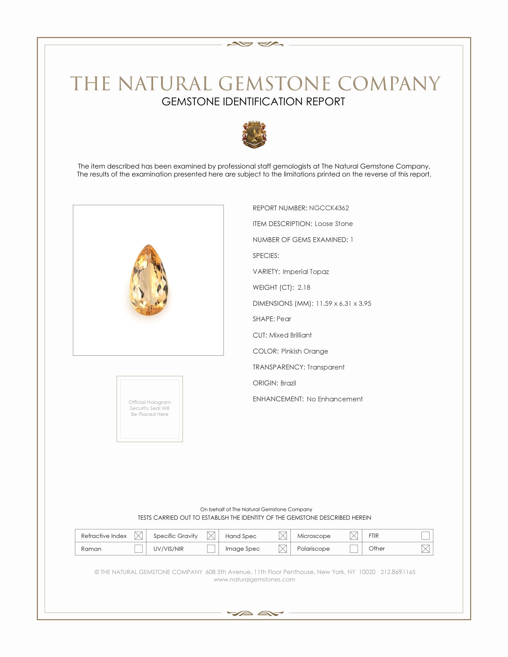 2.18 Ct. Yellowish Orange Precious Topaz from Brazil