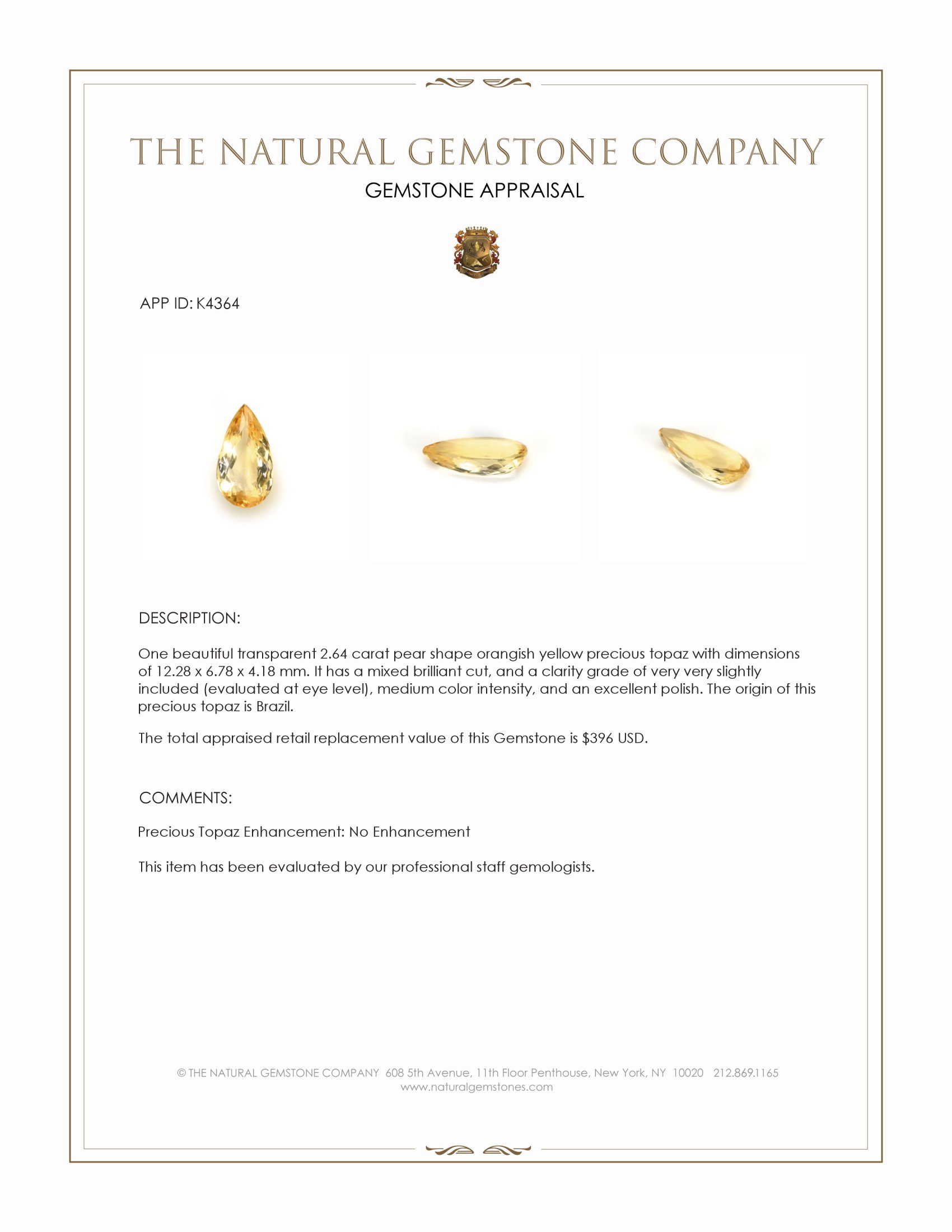 2.64 Ct. Orangish Yellow Precious Topaz from Brazil