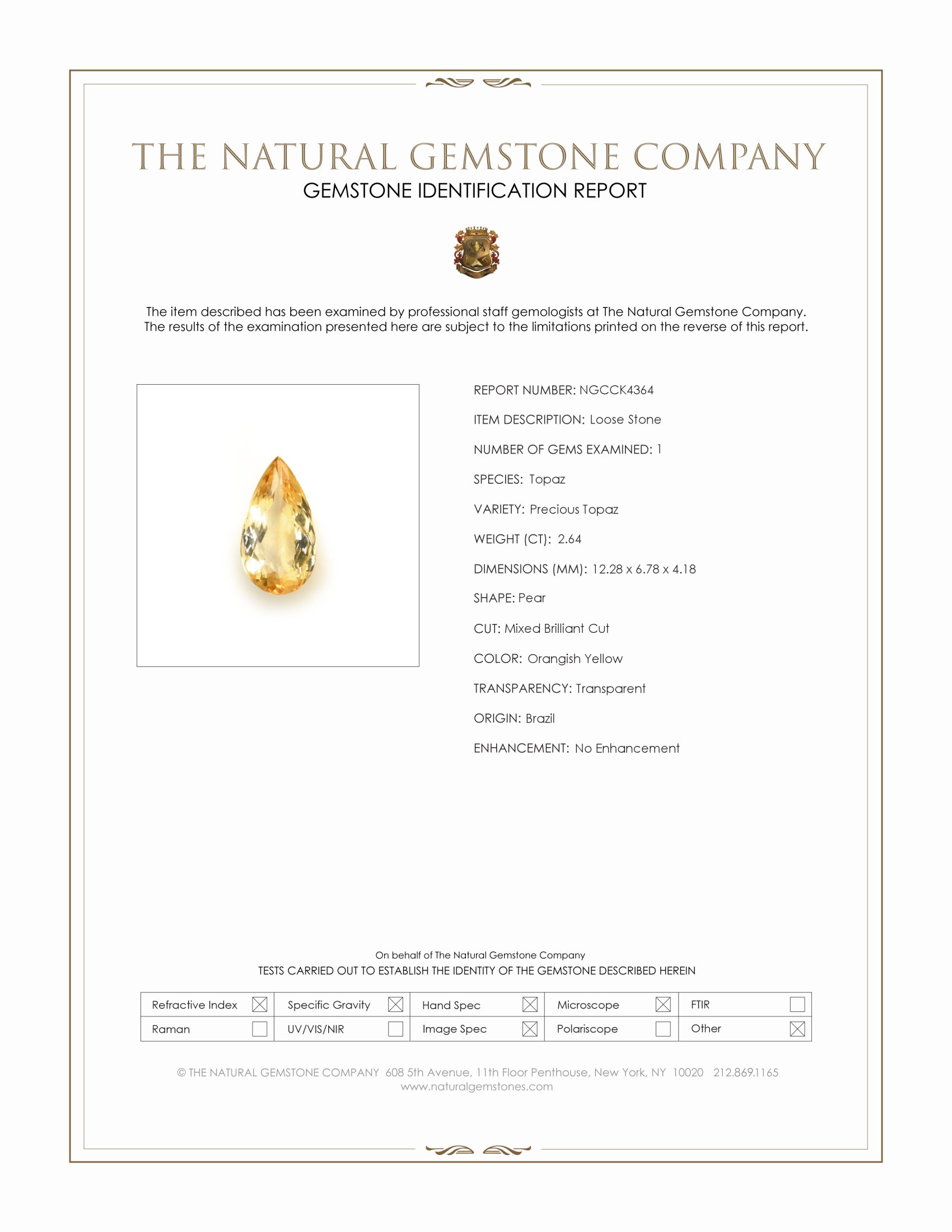 2.64 Ct. Orangish Yellow Precious Topaz from Brazil