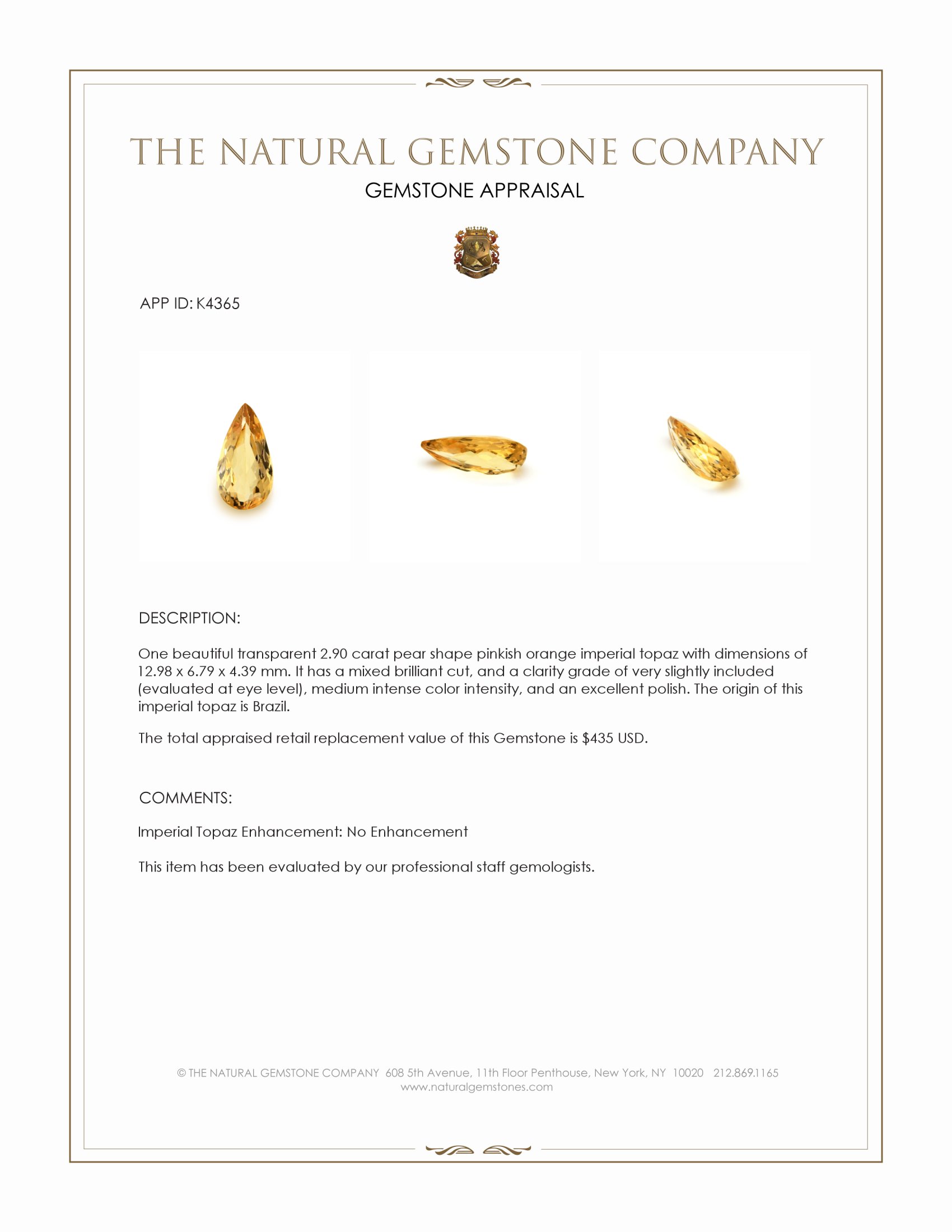 2.90 Ct. Imperial Topaz from Brazil