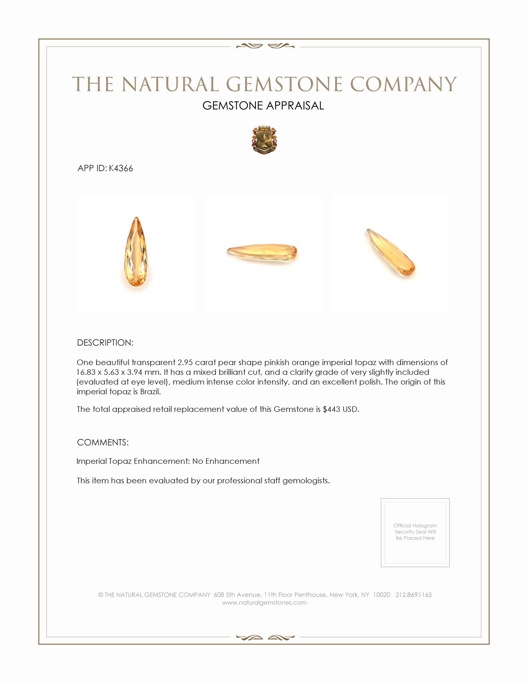 2.95 Ct. Imperial Topaz from Brazil
