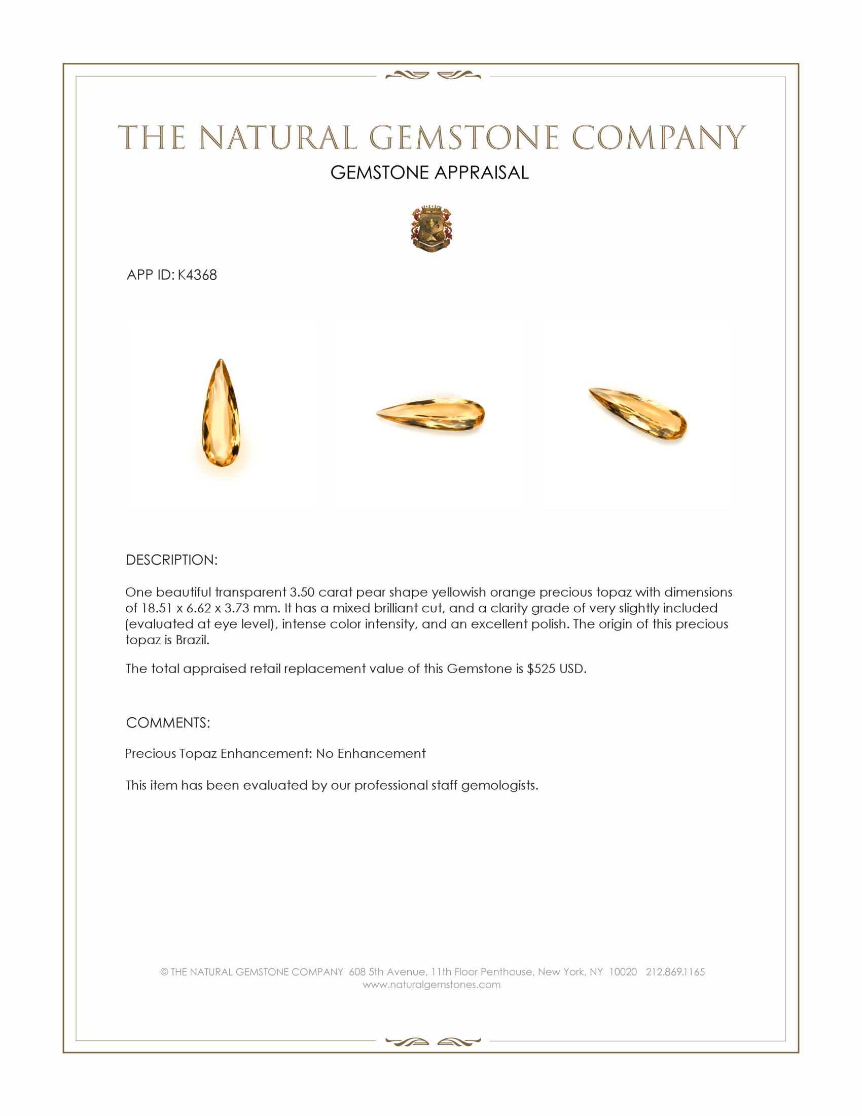 3.50 Ct. Yellowish Orange Precious Topaz from Brazil