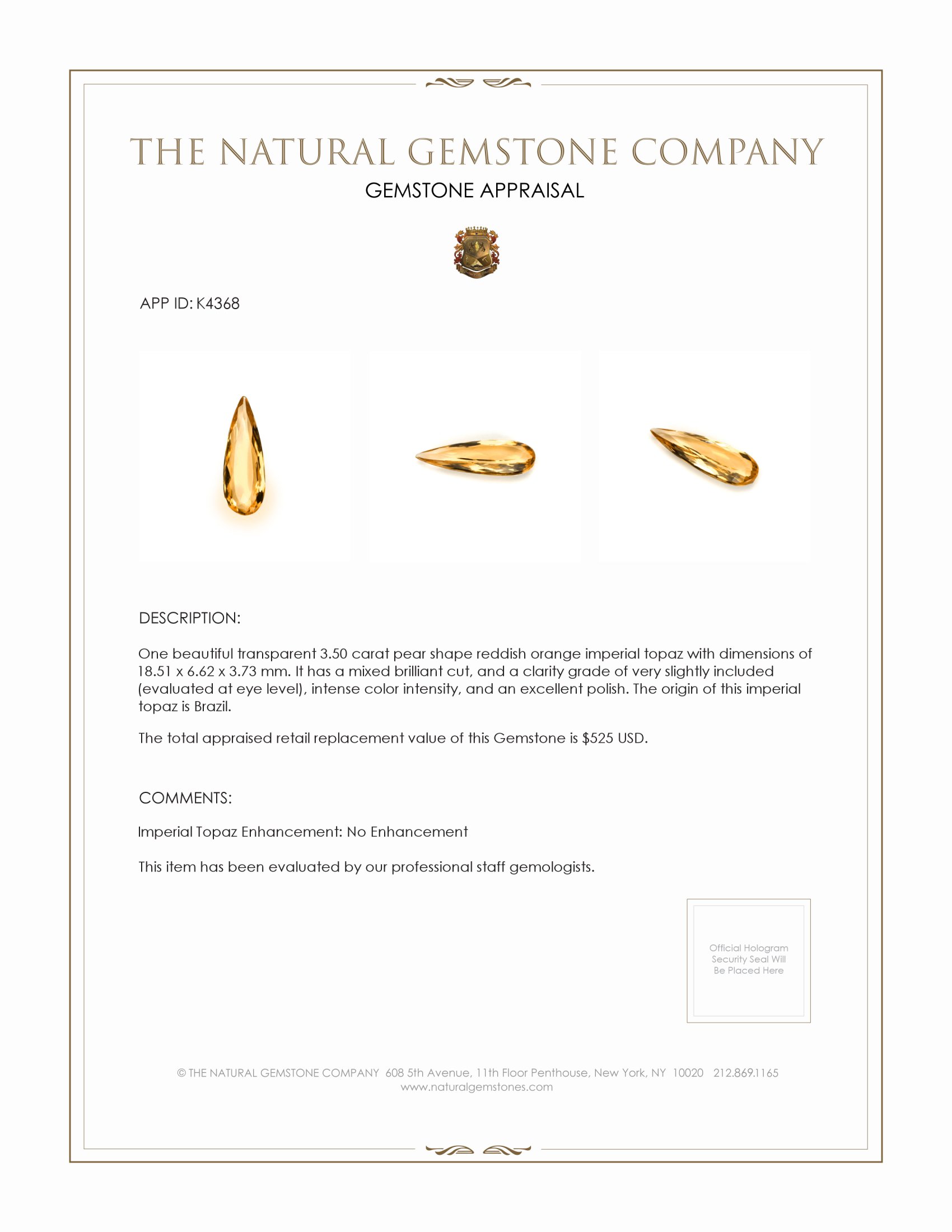 3.50 Ct. Imperial Topaz from Brazil