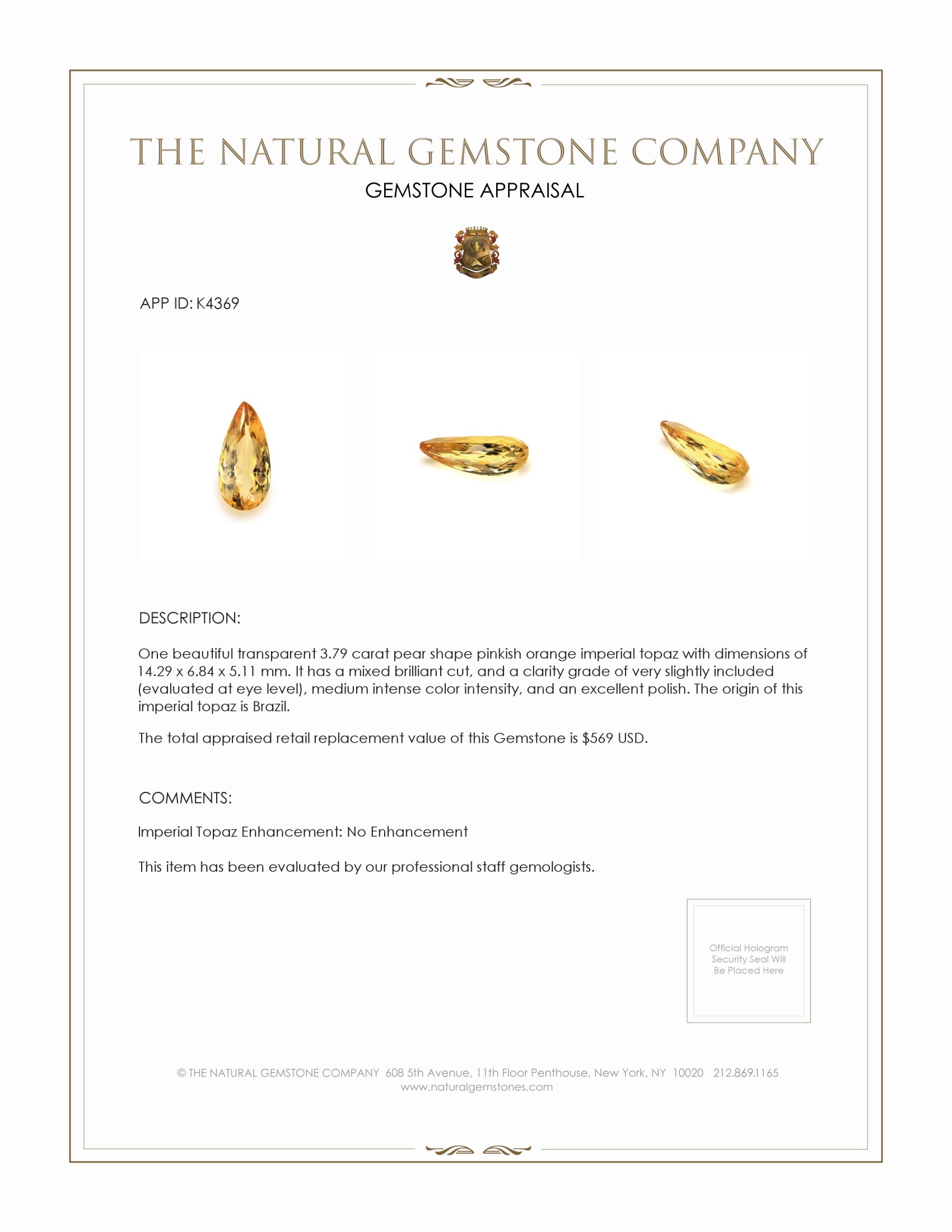 3.79 Ct. Imperial Topaz from Brazil