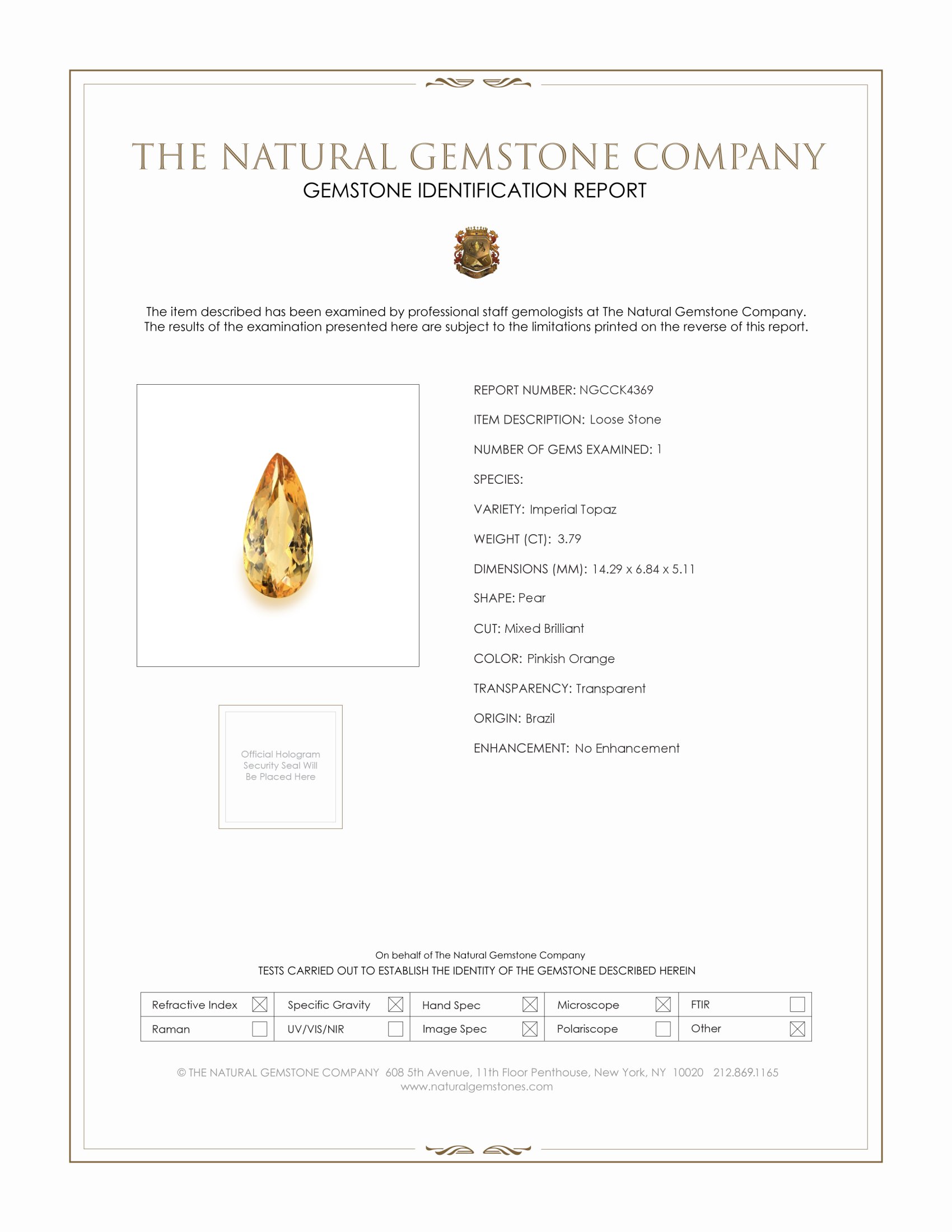 3.79 Ct. Imperial Topaz from Brazil