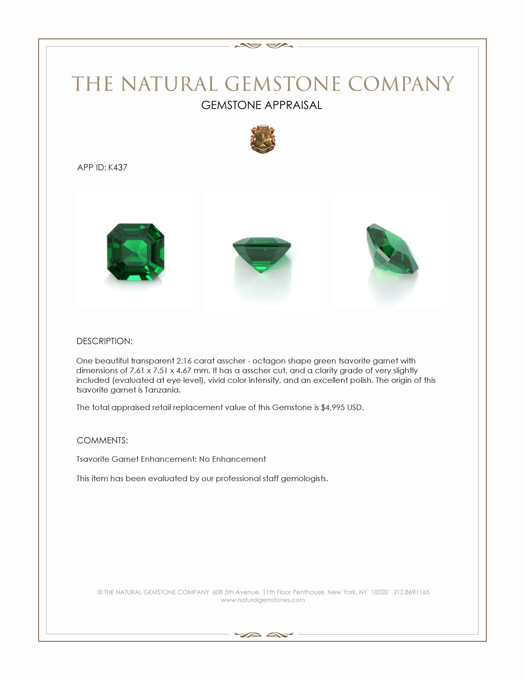 2.16 Ct. Tsavorite Garnet from Tanzania